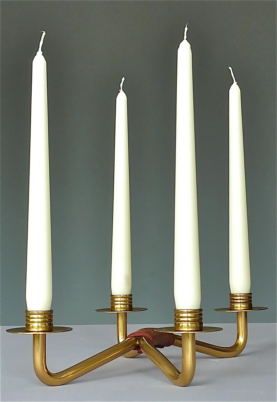 Mid-Century Modern Rare Midcentury Hagenauer Kalmar Style Candle Holder Brass Leather Austria 1950s For Sale