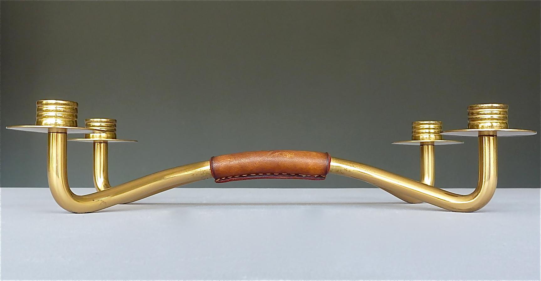 Mid-20th Century Rare Midcentury Hagenauer Kalmar Style Candle Holder Brass Leather Austria 1950s For Sale