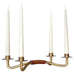 Four-Light Candleholder Brass Leather Hagenauer style, Austria, 1950s