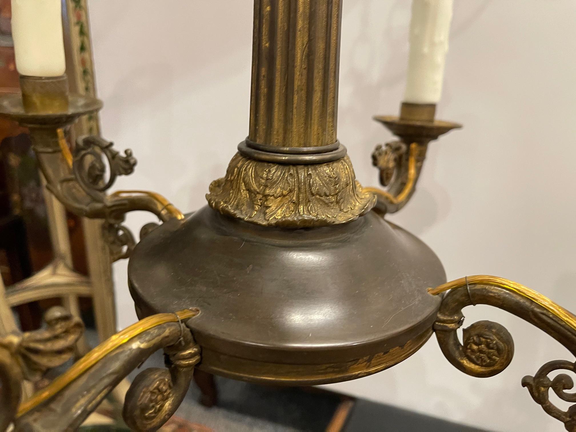 Four-Light Cast Bronze Empire Style Chandelier Light Fixture, Late 19th Century In Good Condition In Savannah, GA