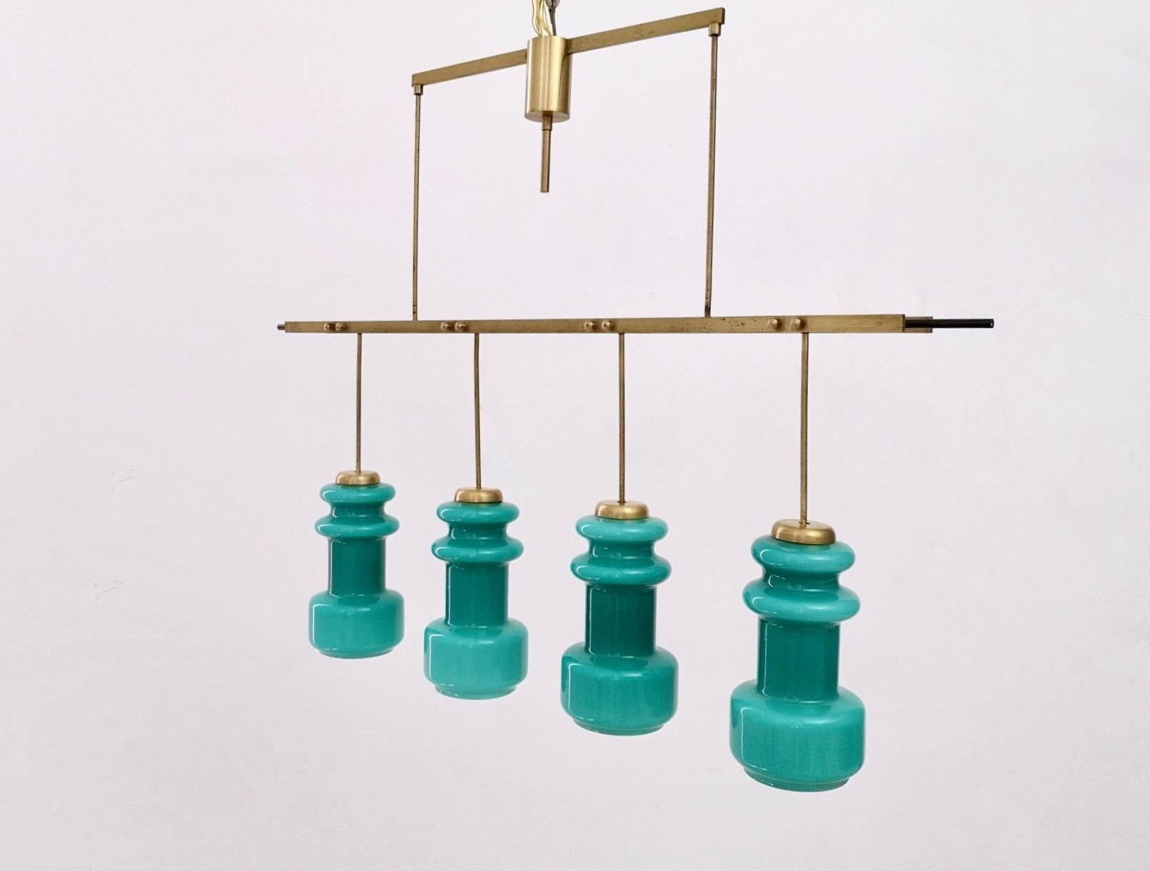 Mid-Century Modern Four-Light Chandelier by Stilnovo with Turquoise Glass Lampshades, Italy 1950s