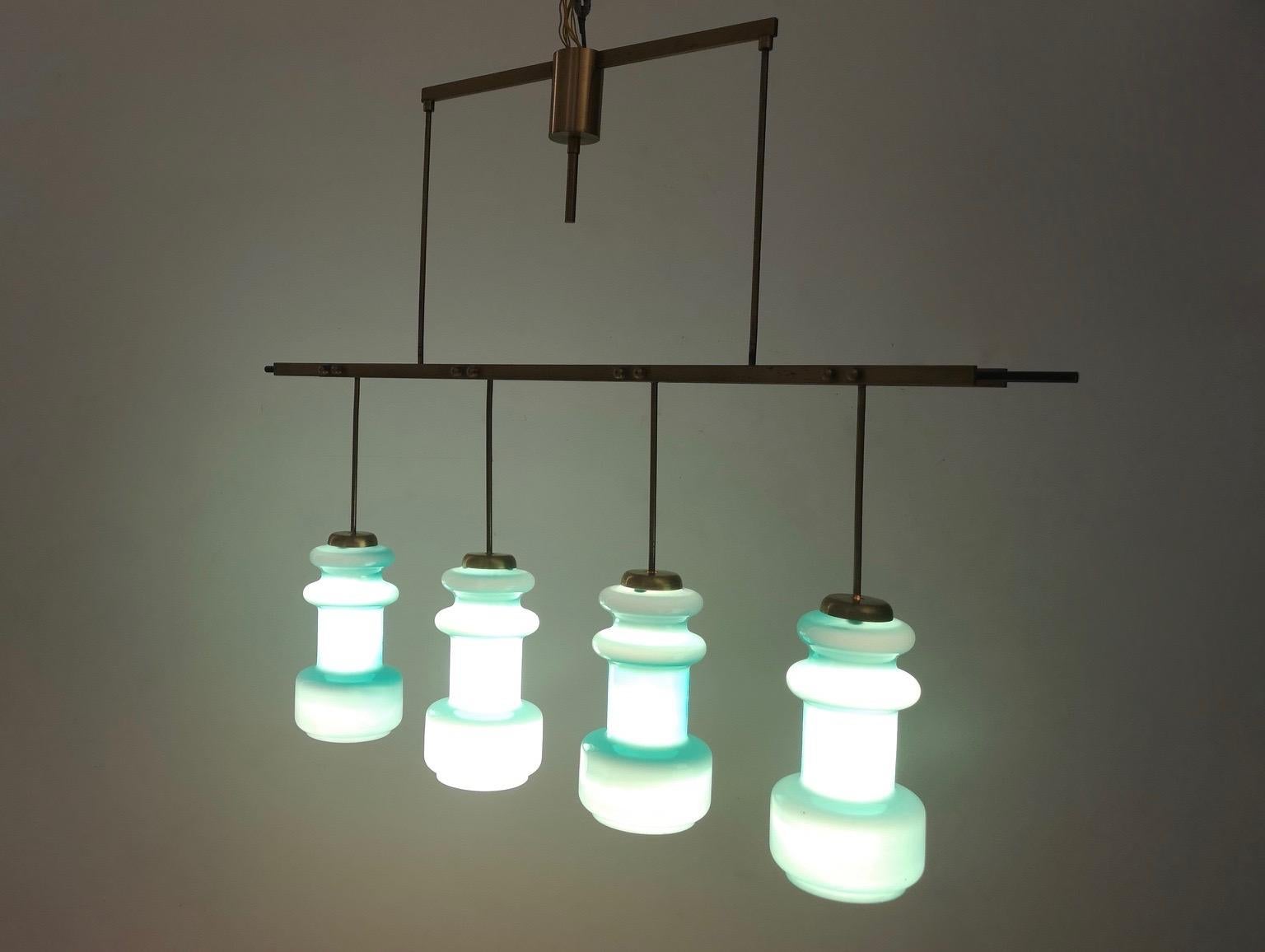 Italian Four-Light Chandelier by Stilnovo with Turquoise Glass Lampshades, Italy 1950s