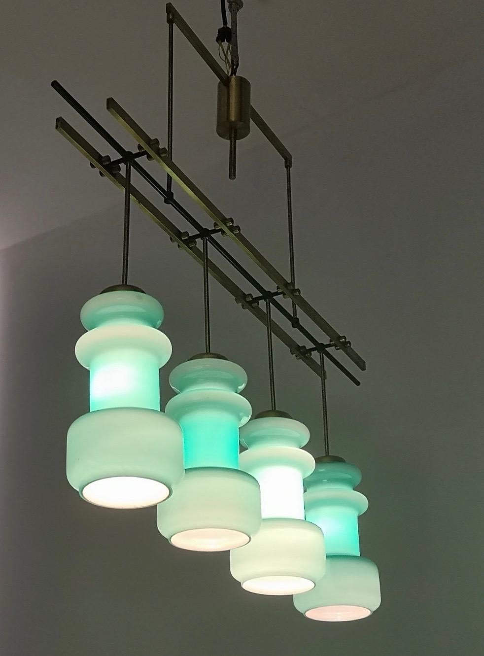 Four-Light Chandelier by Stilnovo with Turquoise Glass Lampshades, Italy 1950s In Excellent Condition In Bresso, Lombardy