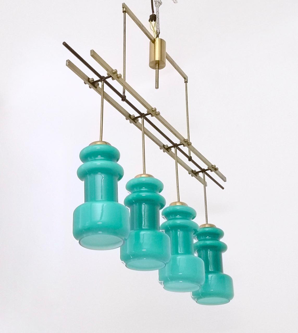 Mid-20th Century Four-Light Chandelier by Stilnovo with Turquoise Glass Lampshades, Italy 1950s
