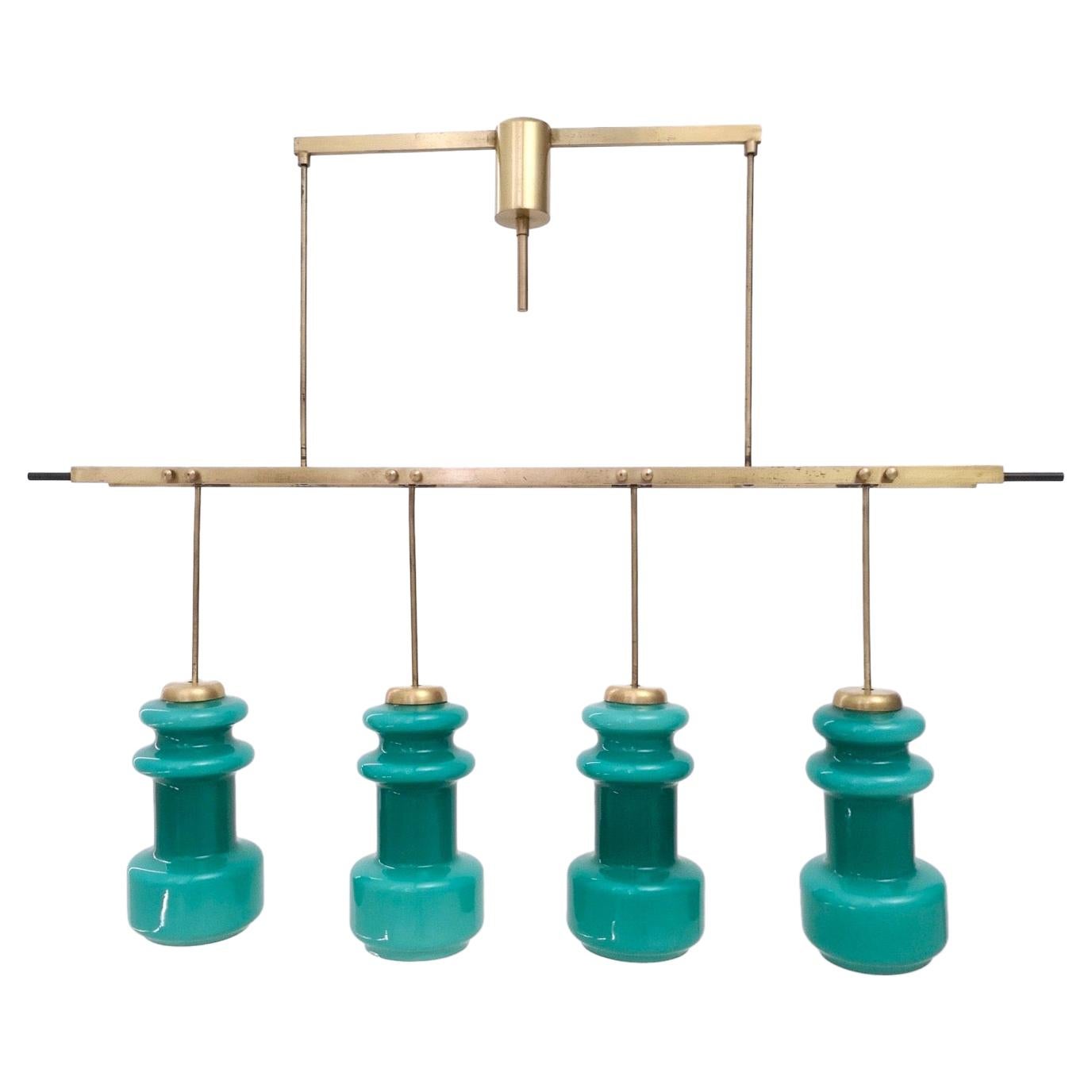 Four-Light Chandelier by Stilnovo with Turquoise Glass Lampshades, Italy 1950s