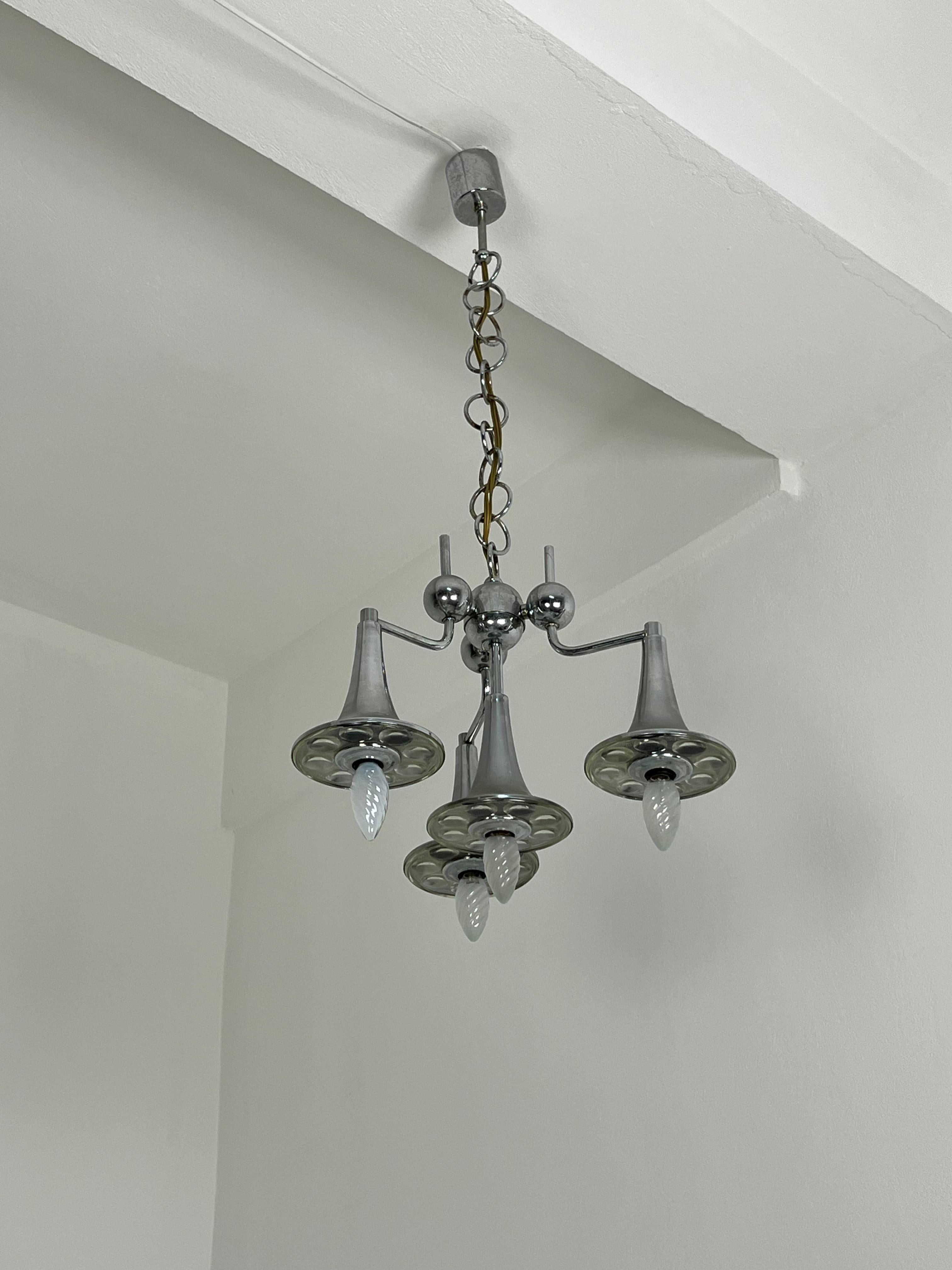 Italian Four-light Chandelier in steel and Murano glass attributed to Reggiani, 1960s For Sale