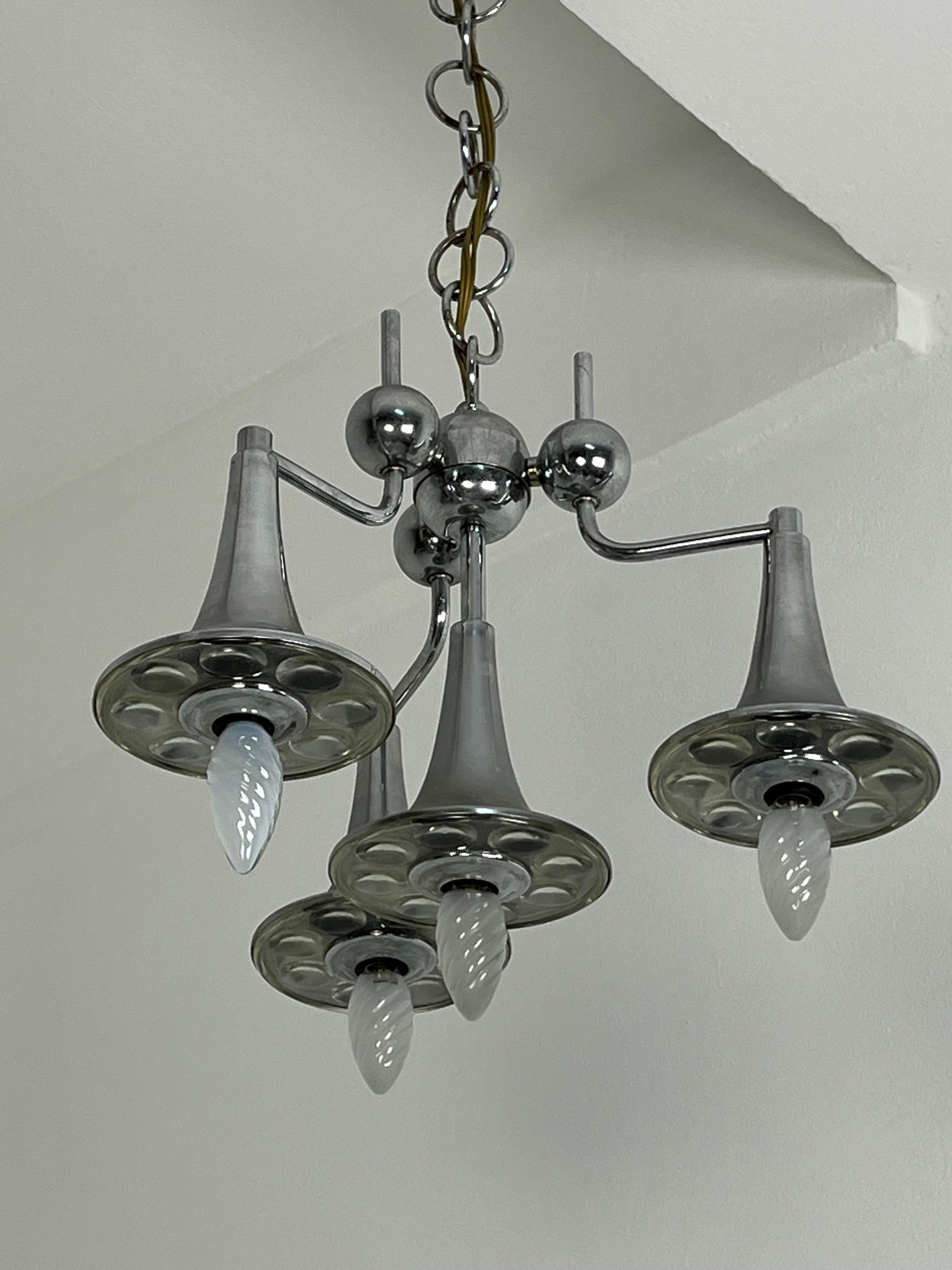 Mid-20th Century Four-light Chandelier in steel and Murano glass attributed to Reggiani, 1960s For Sale