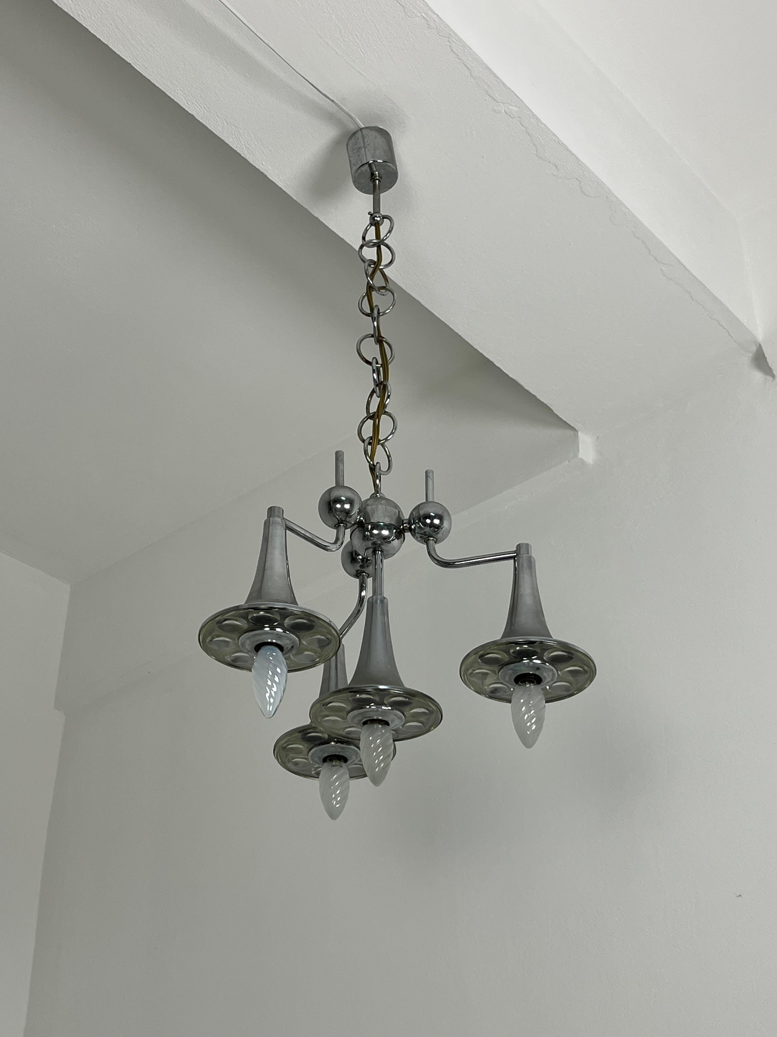 Steel Four-light Chandelier in steel and Murano glass attributed to Reggiani, 1960s For Sale
