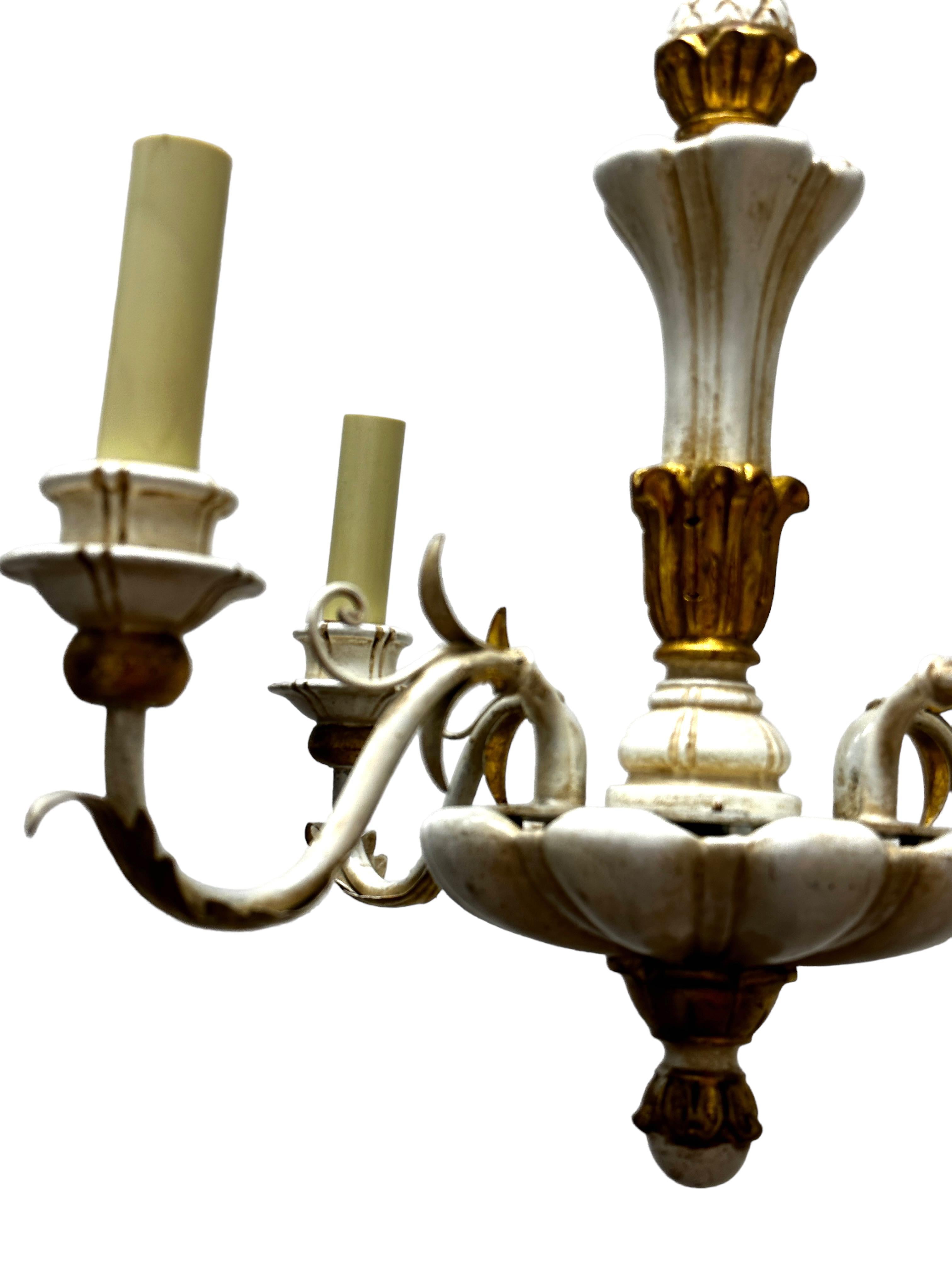 Austrian Four Light Chippy White & Giltwood Hollywood Regency Chandelier Tole, Austria For Sale