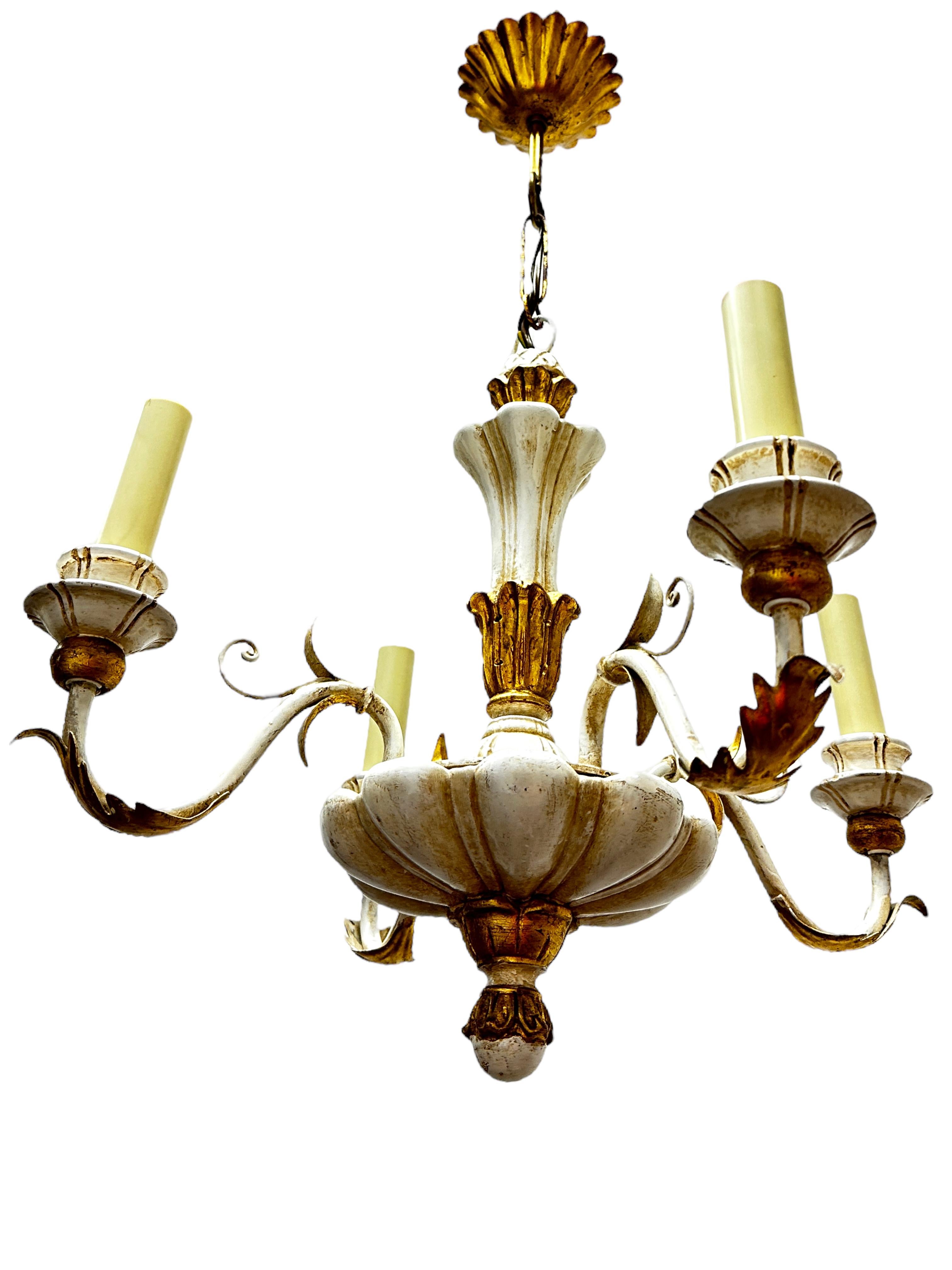 Mid-20th Century Four Light Chippy White & Giltwood Hollywood Regency Chandelier Tole, Austria For Sale