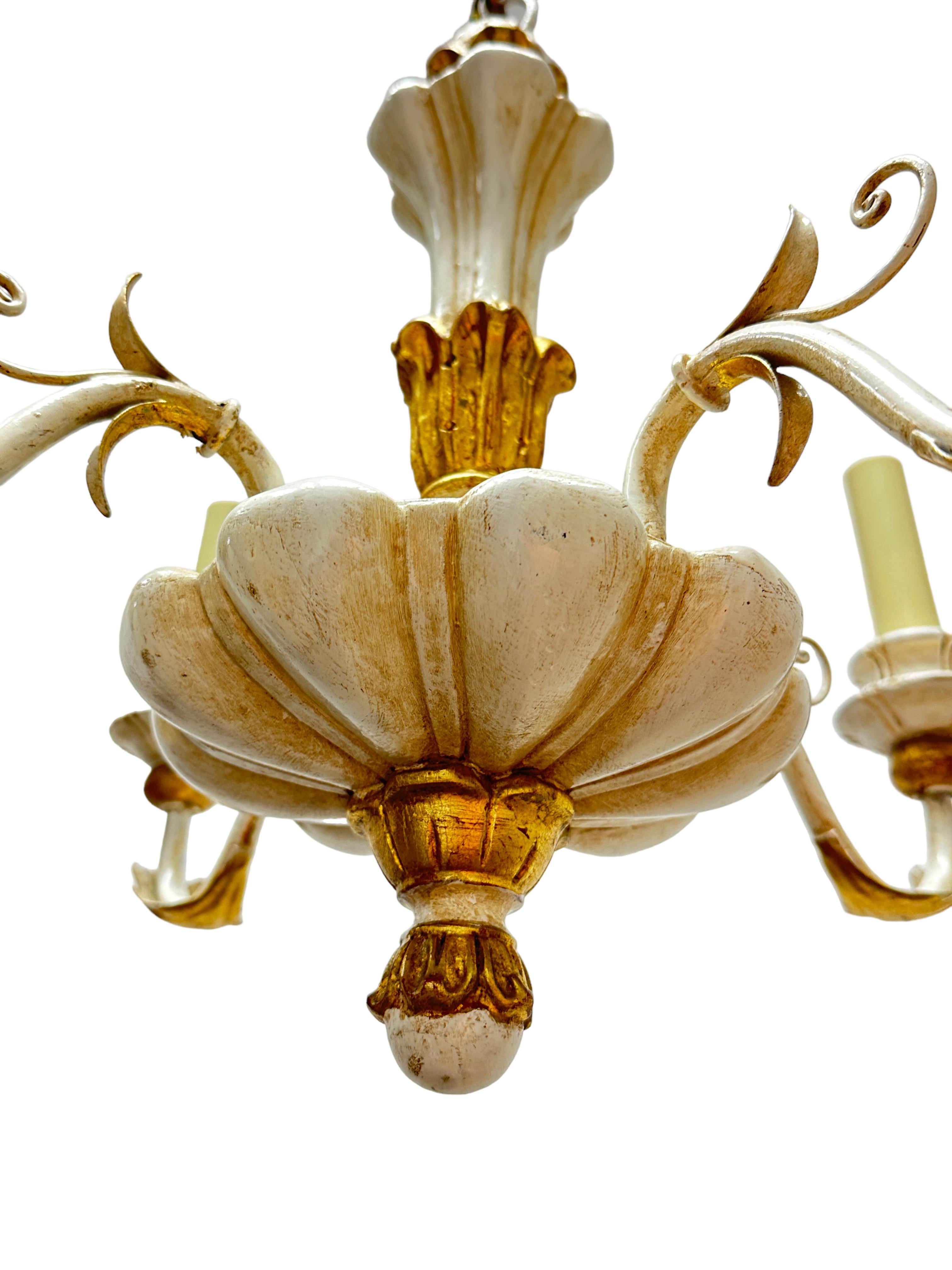 Metal Four Light Chippy White & Giltwood Hollywood Regency Chandelier Tole, Austria For Sale