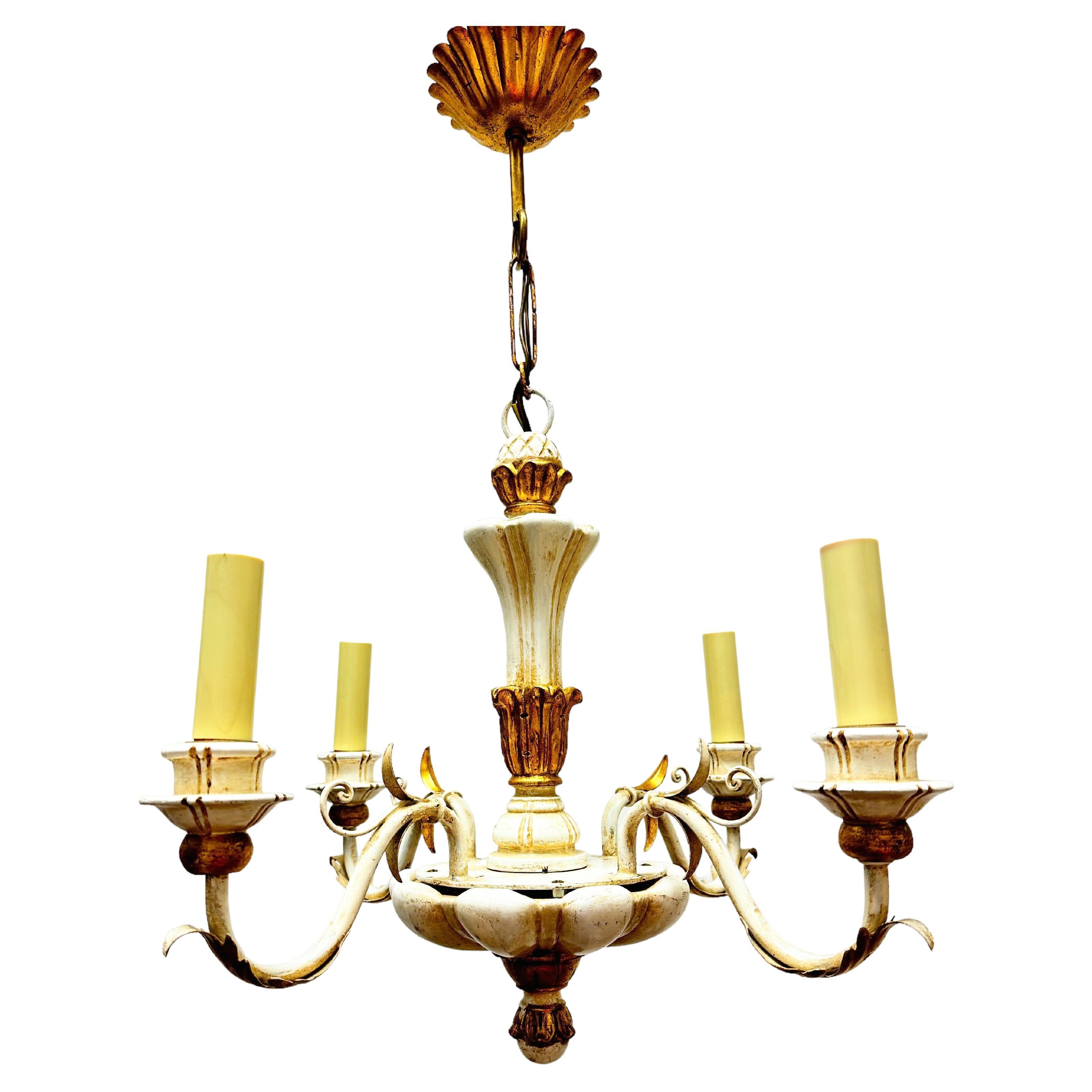 Four Light Chippy White & Giltwood Hollywood Regency Chandelier Tole, Austria