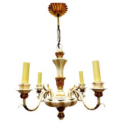 Retro Four Light Chippy White & Giltwood Hollywood Regency Chandelier Tole, Austria