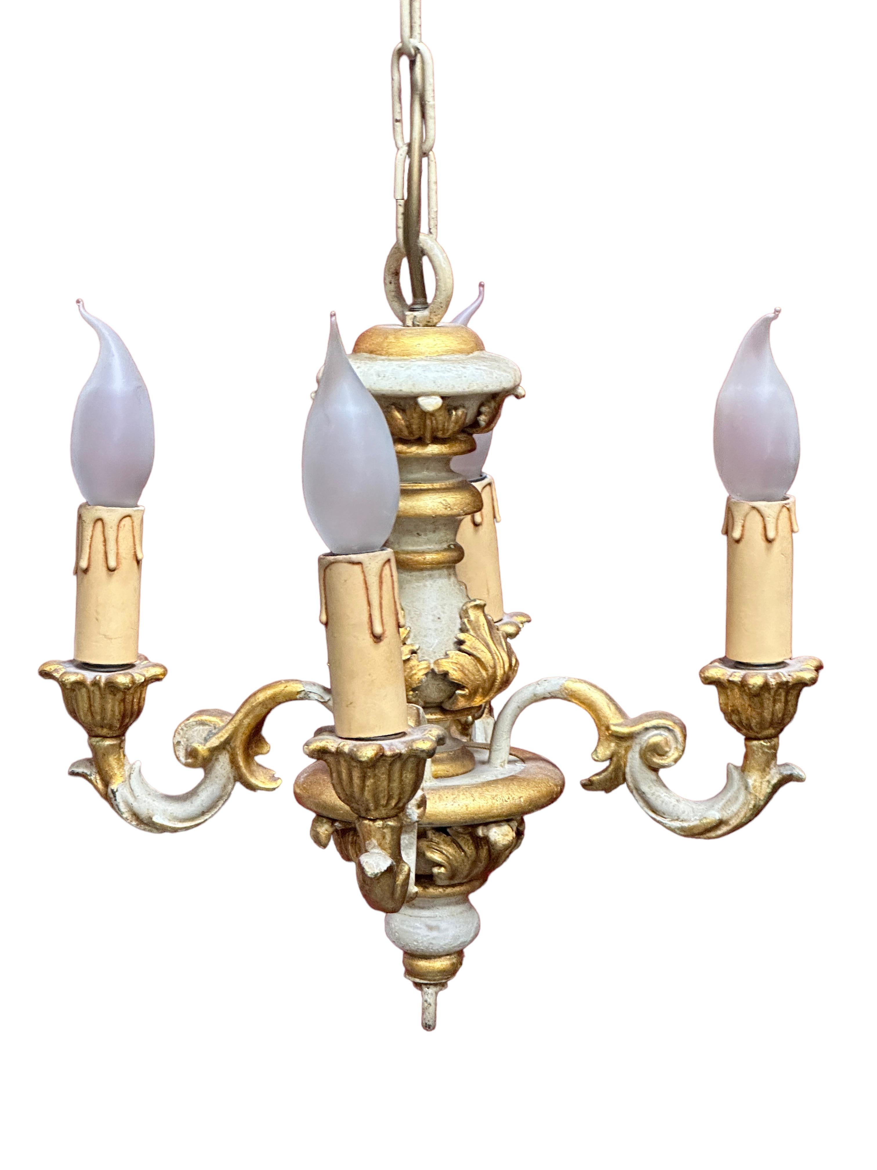 Mid-20th Century Four Light Cream White & Gilt wood Hollywood Regency Chandelier Tole, Austria For Sale