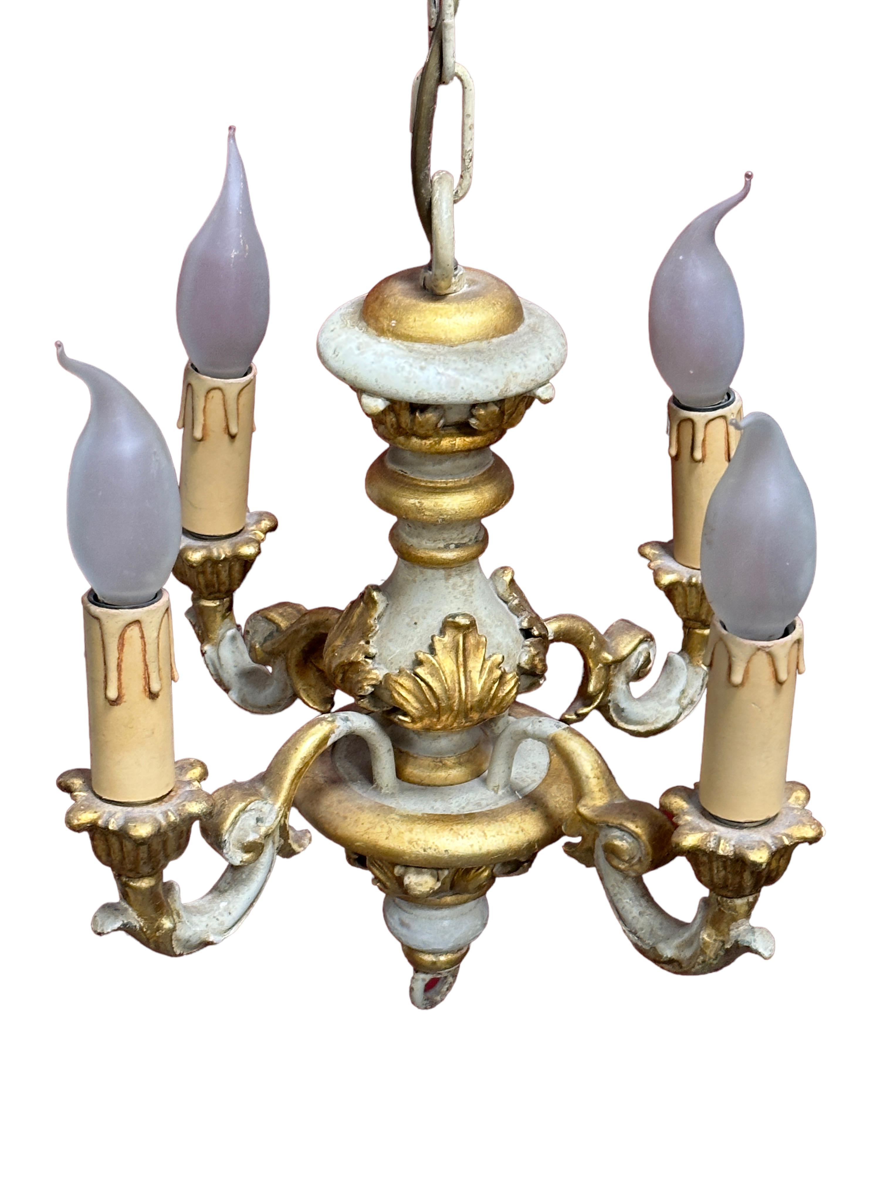 Four Light Cream White & Gilt wood Hollywood Regency Chandelier Tole, Austria For Sale 2