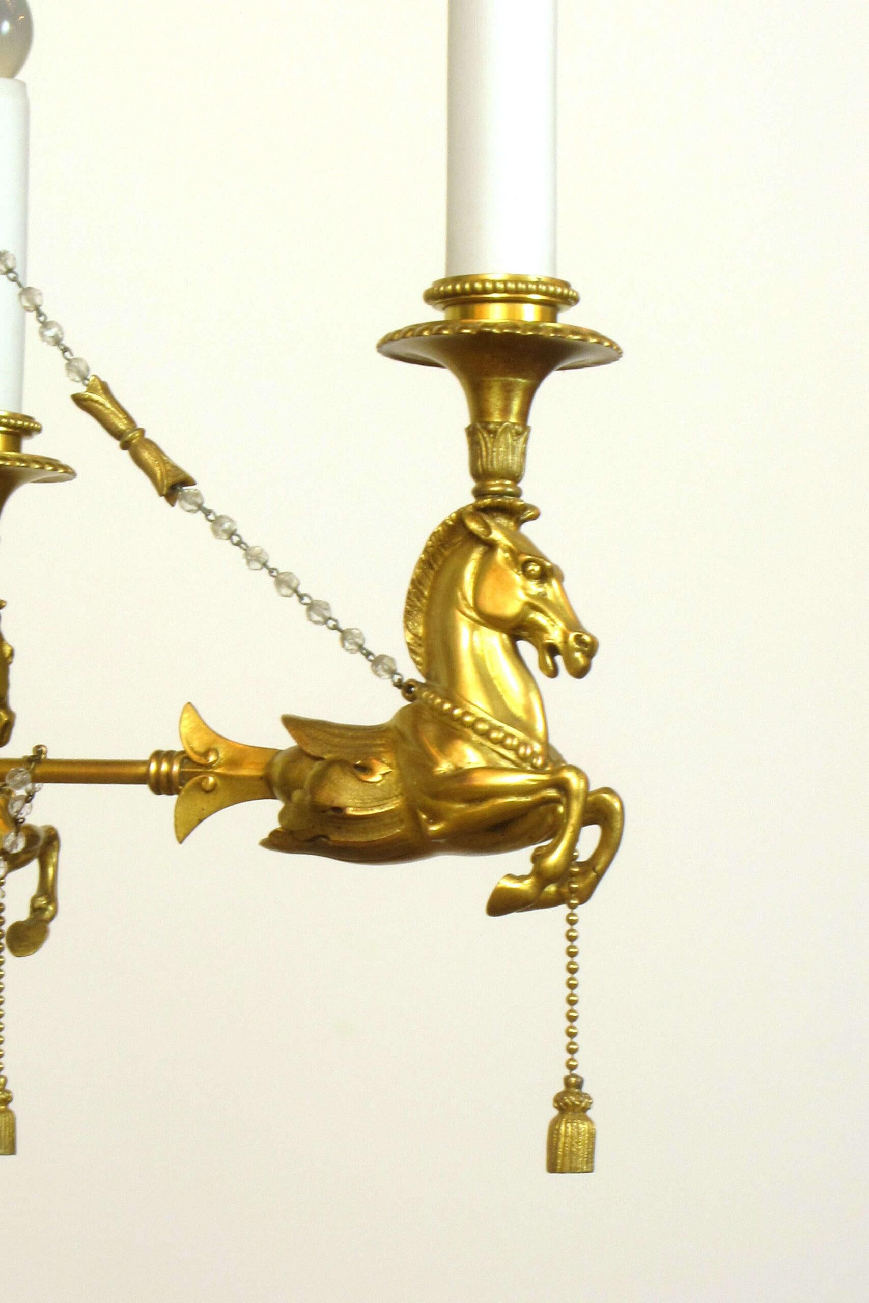 Brass Four Light French Napoleon III Horse Chandelier For Sale