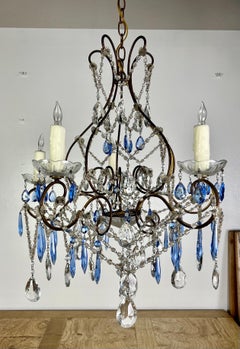 Four Light Italian Blue & Clear Crystal Chandelier, circa 1930