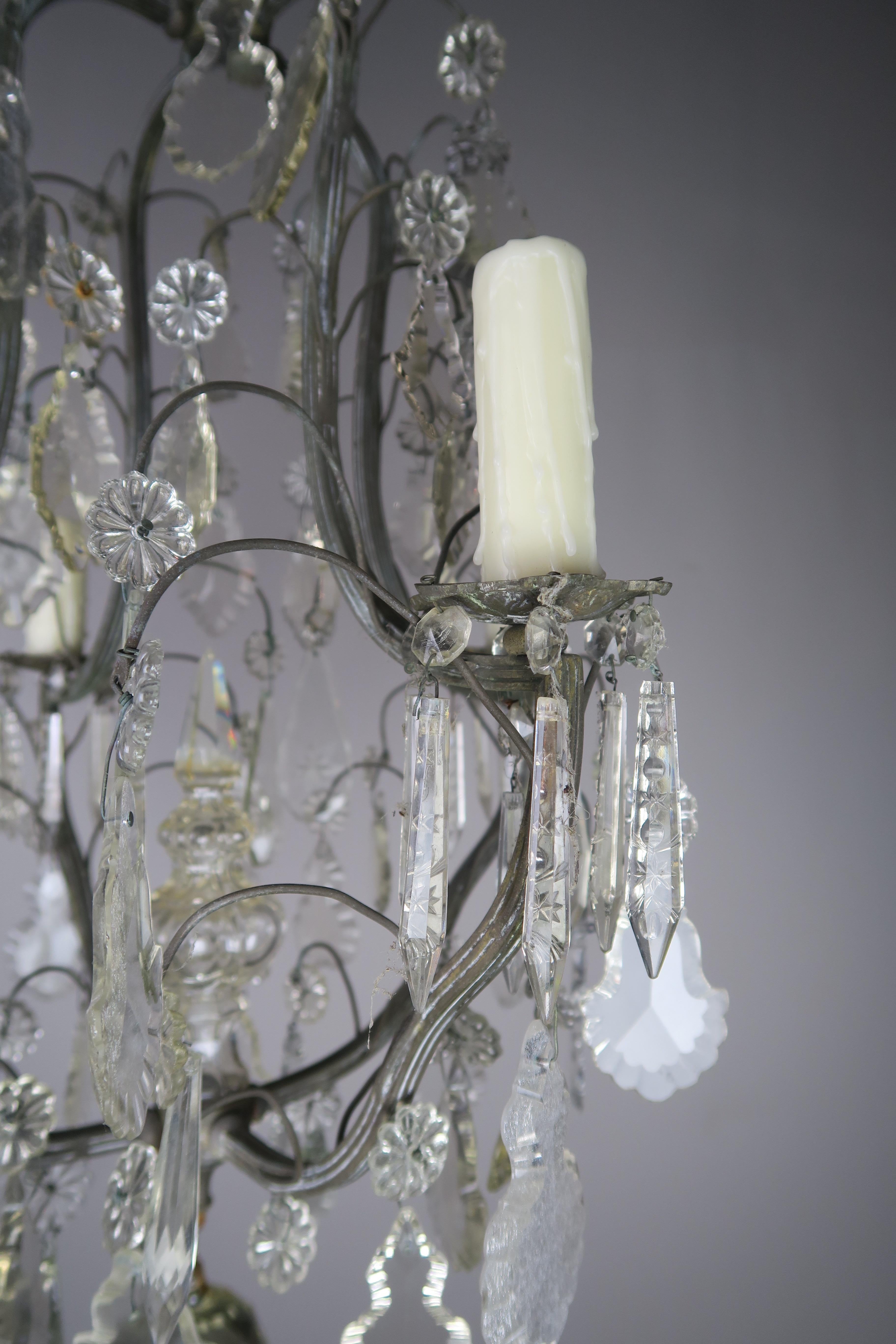 Metal Four-Light Italian Crystal Chandelier, circa 1930s
