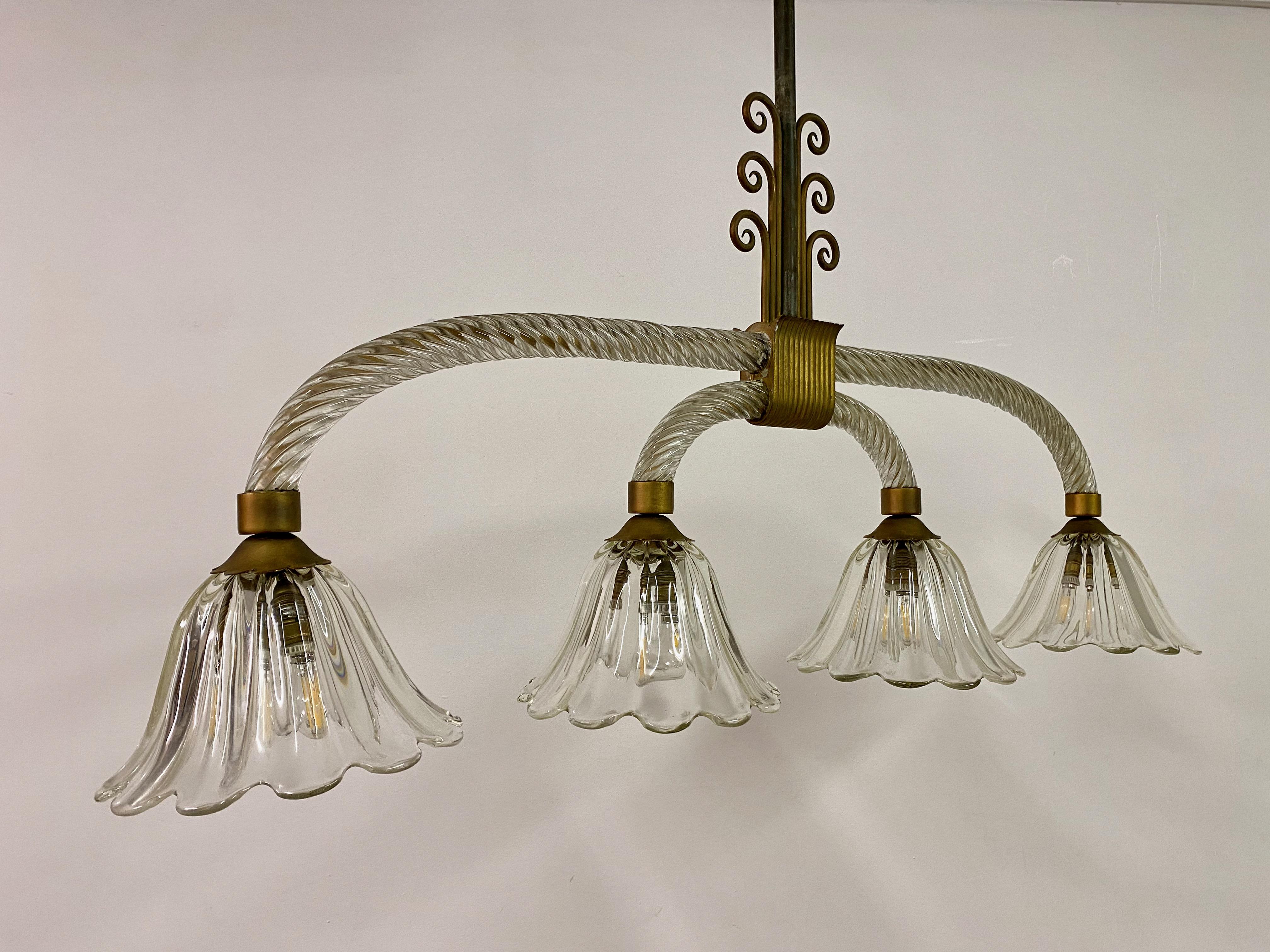 Four Light Murano Chandelier attributed to Barovier and Toso For Sale 4