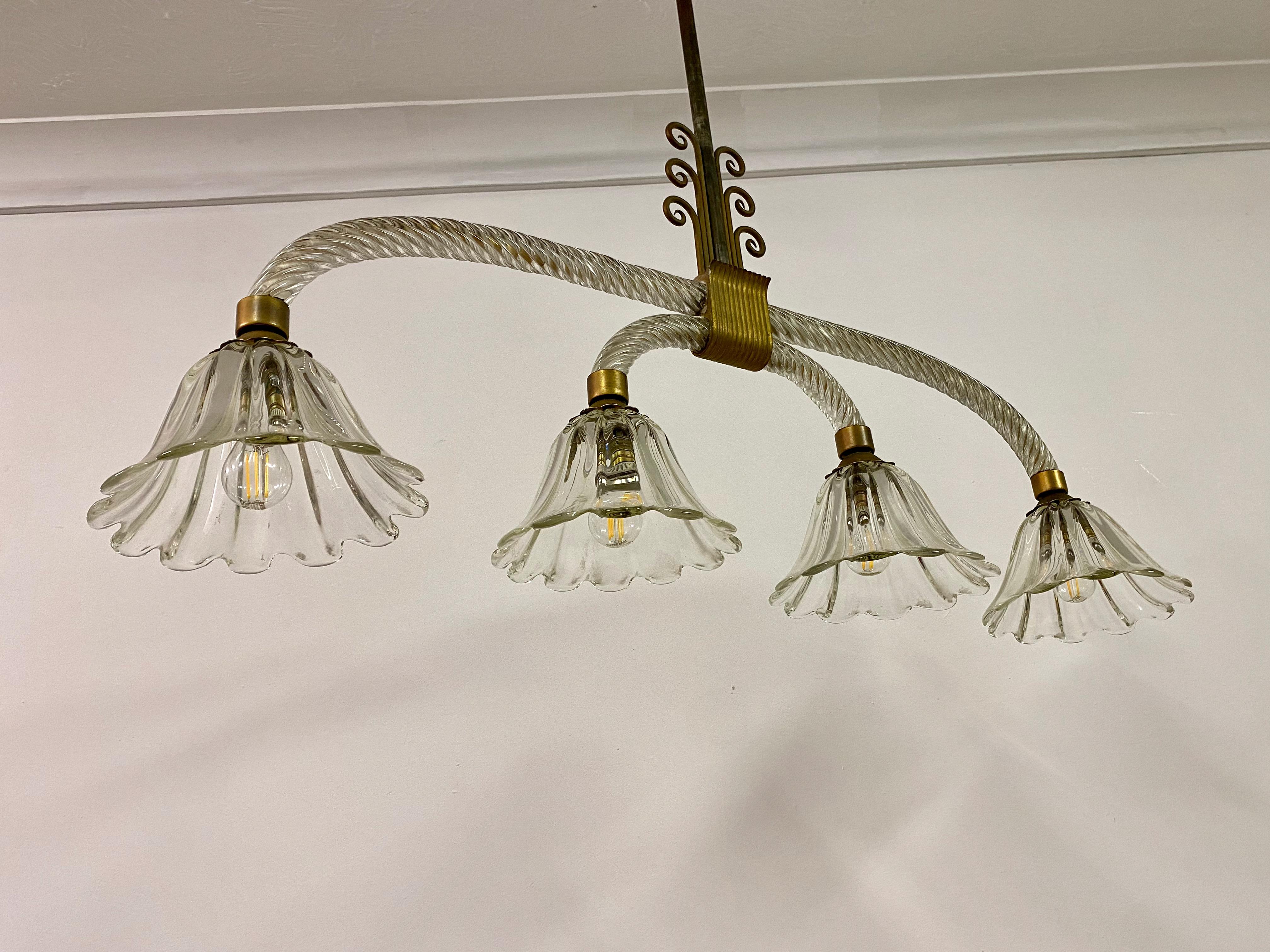 Four Light Murano Chandelier attributed to Barovier and Toso For Sale 5