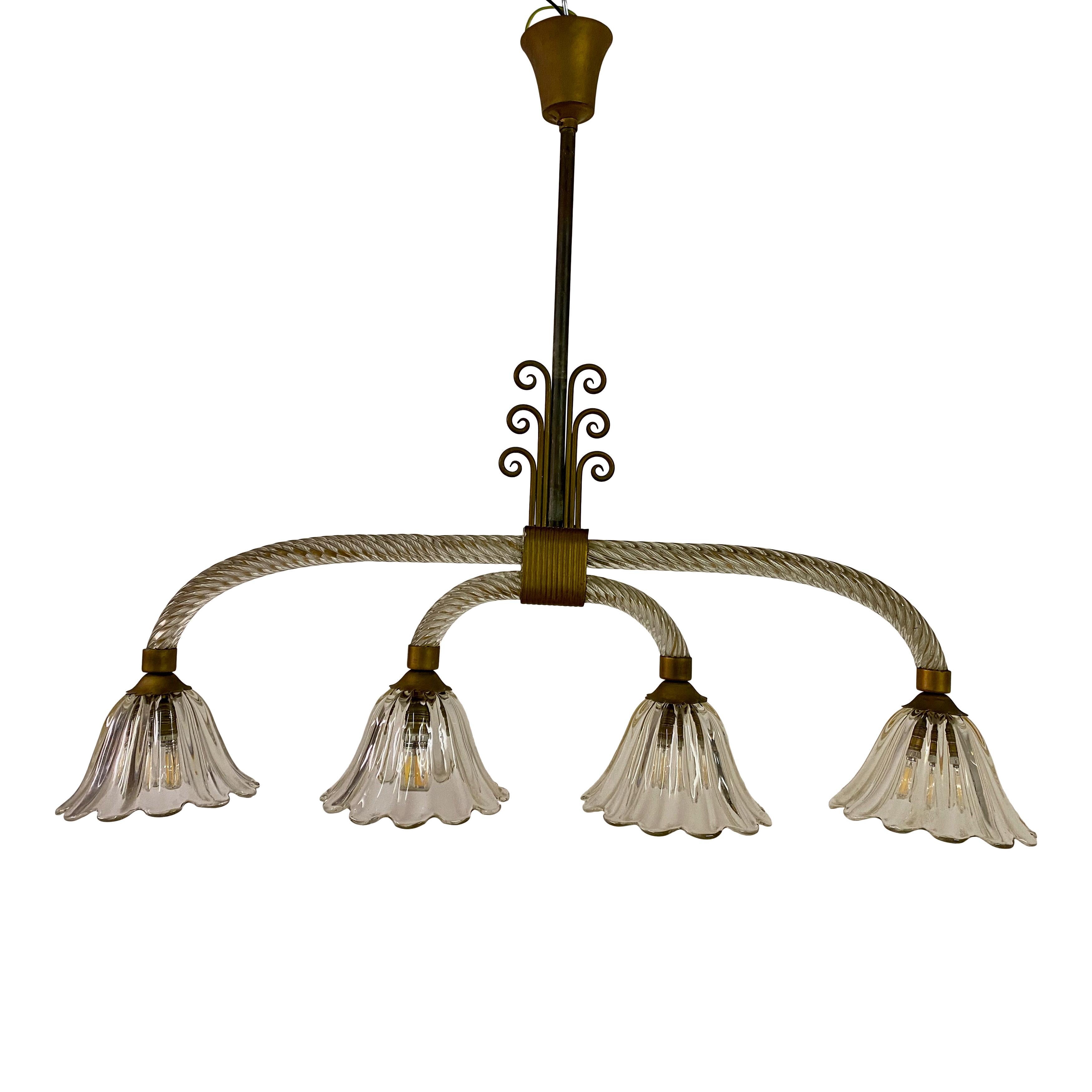 Chandelier

Murano glass

Attributed to Barovier and Toso

Twisted glass stems

Brass scroll and fixtures

Rewired

Italy 1940s/1950s