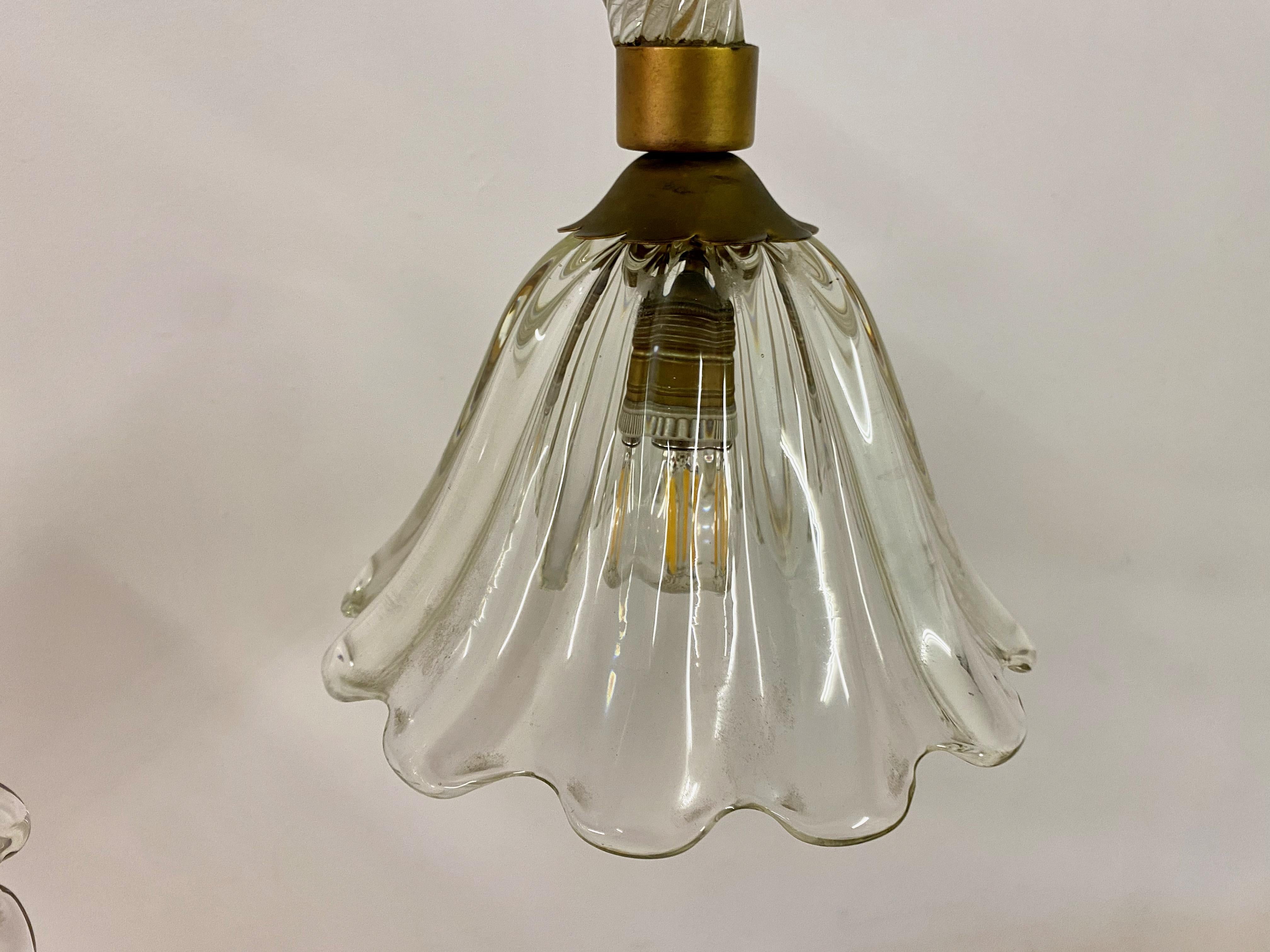 Brass Four Light Murano Chandelier attributed to Barovier and Toso For Sale