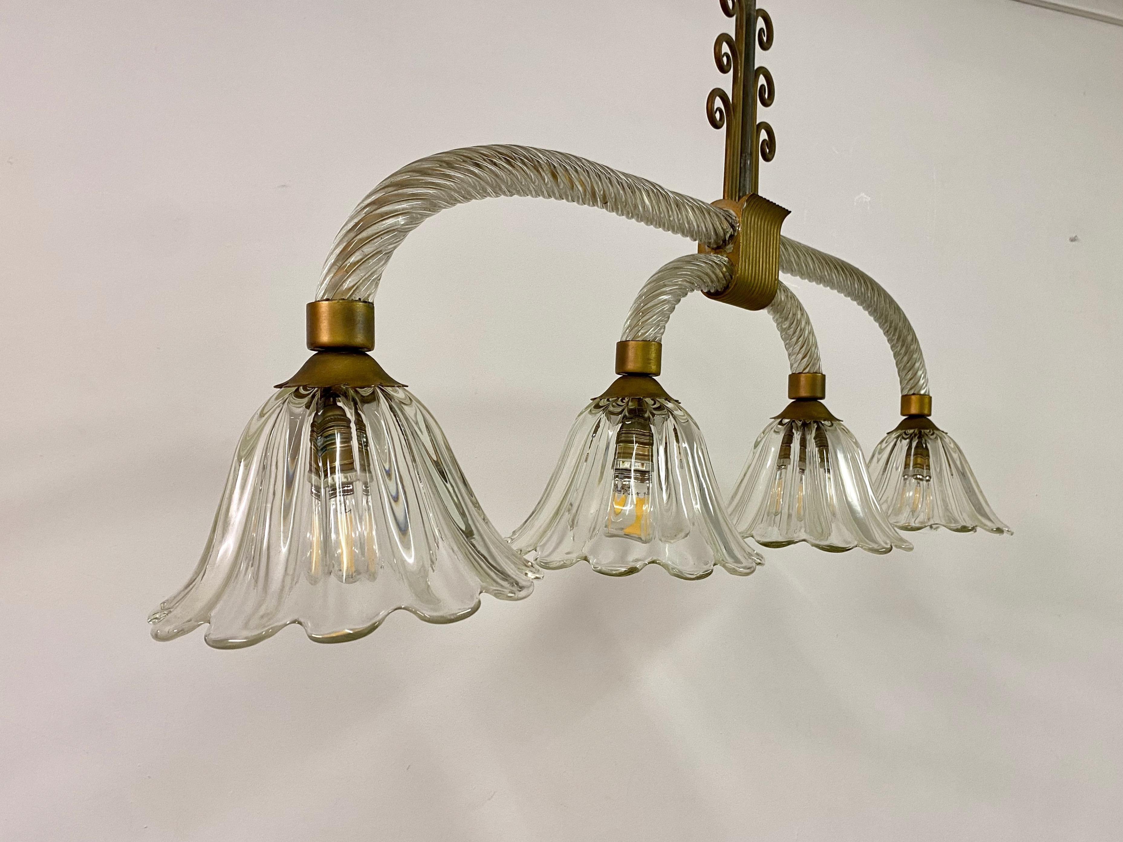 Four Light Murano Chandelier attributed to Barovier and Toso For Sale 2