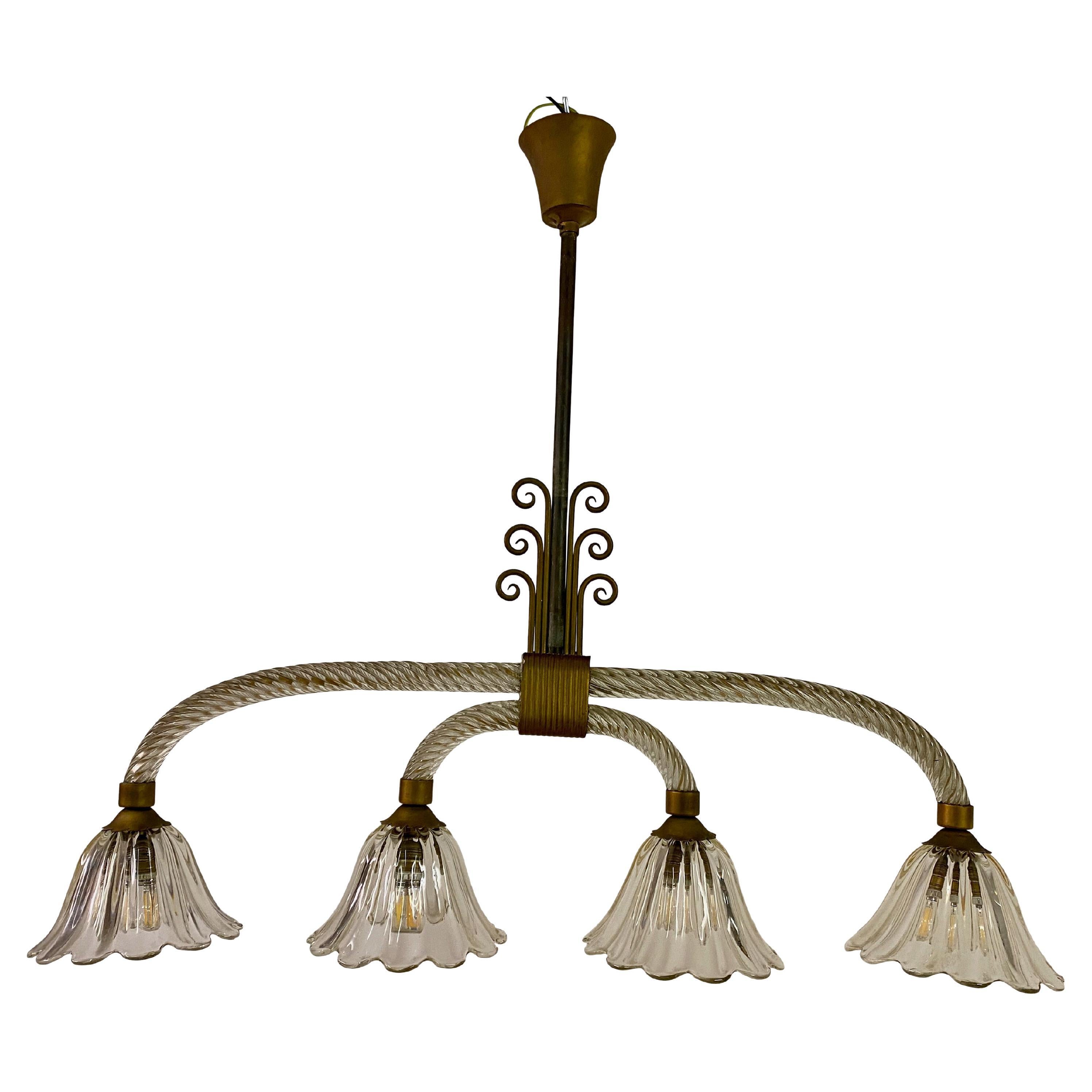 Four Light Murano Chandelier attributed to Barovier and Toso For Sale