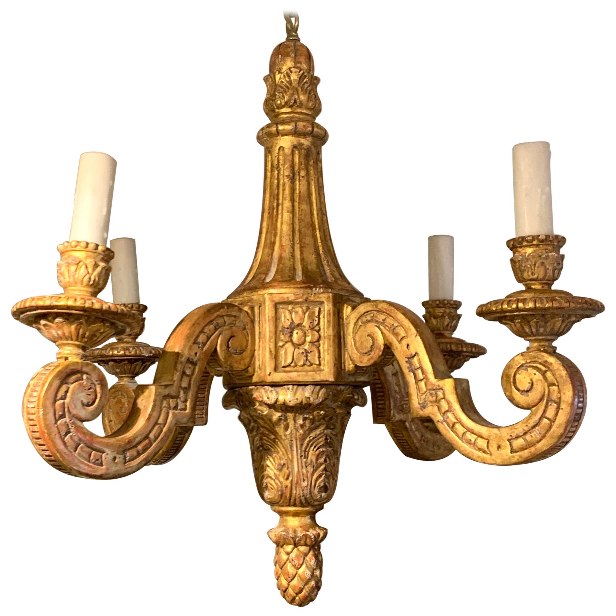 Four-Light Regence Style Carved Giltwood Chandelier For Sale