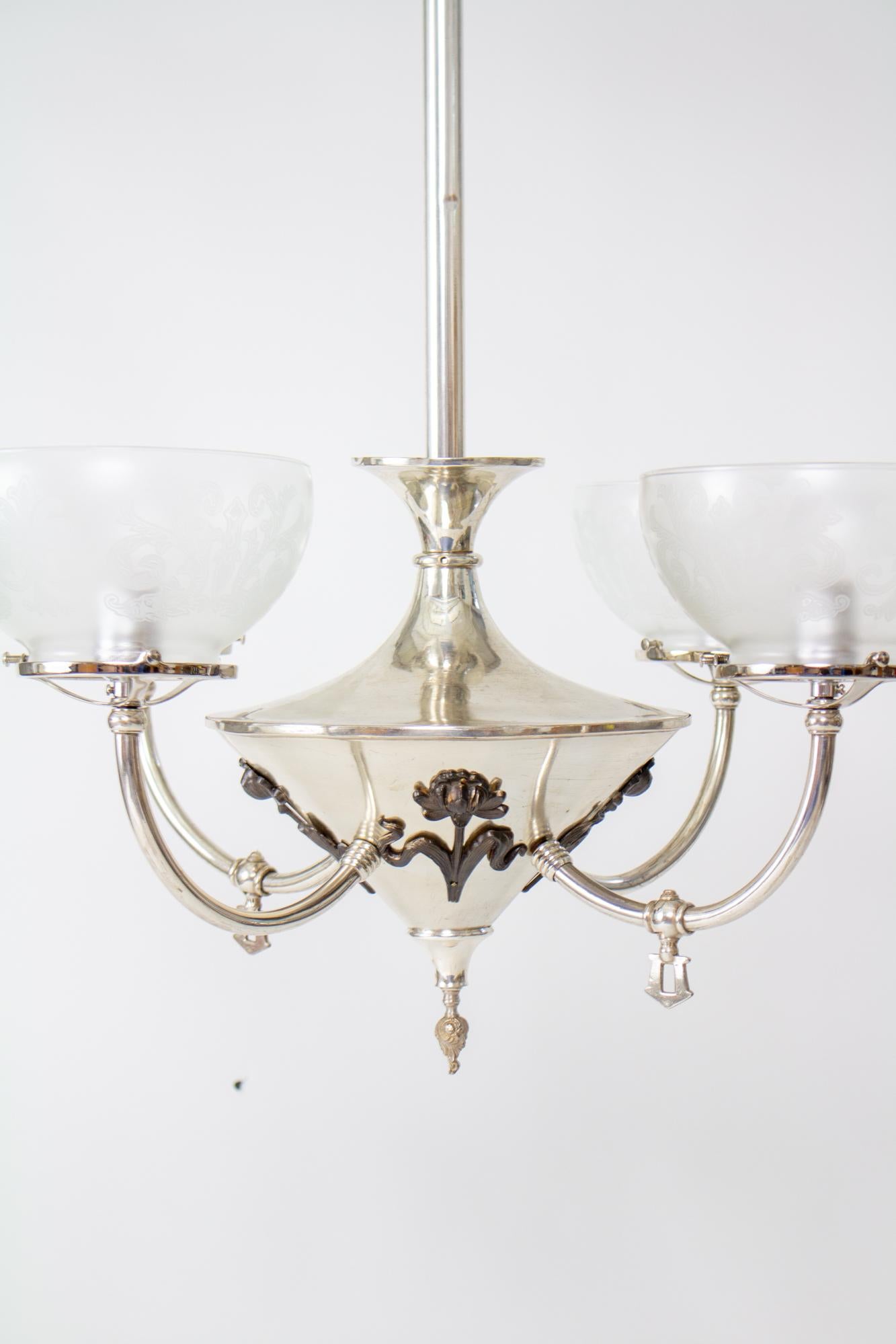 North American Four Light Silver Art Nouveau Gas and Electric Chandelier For Sale