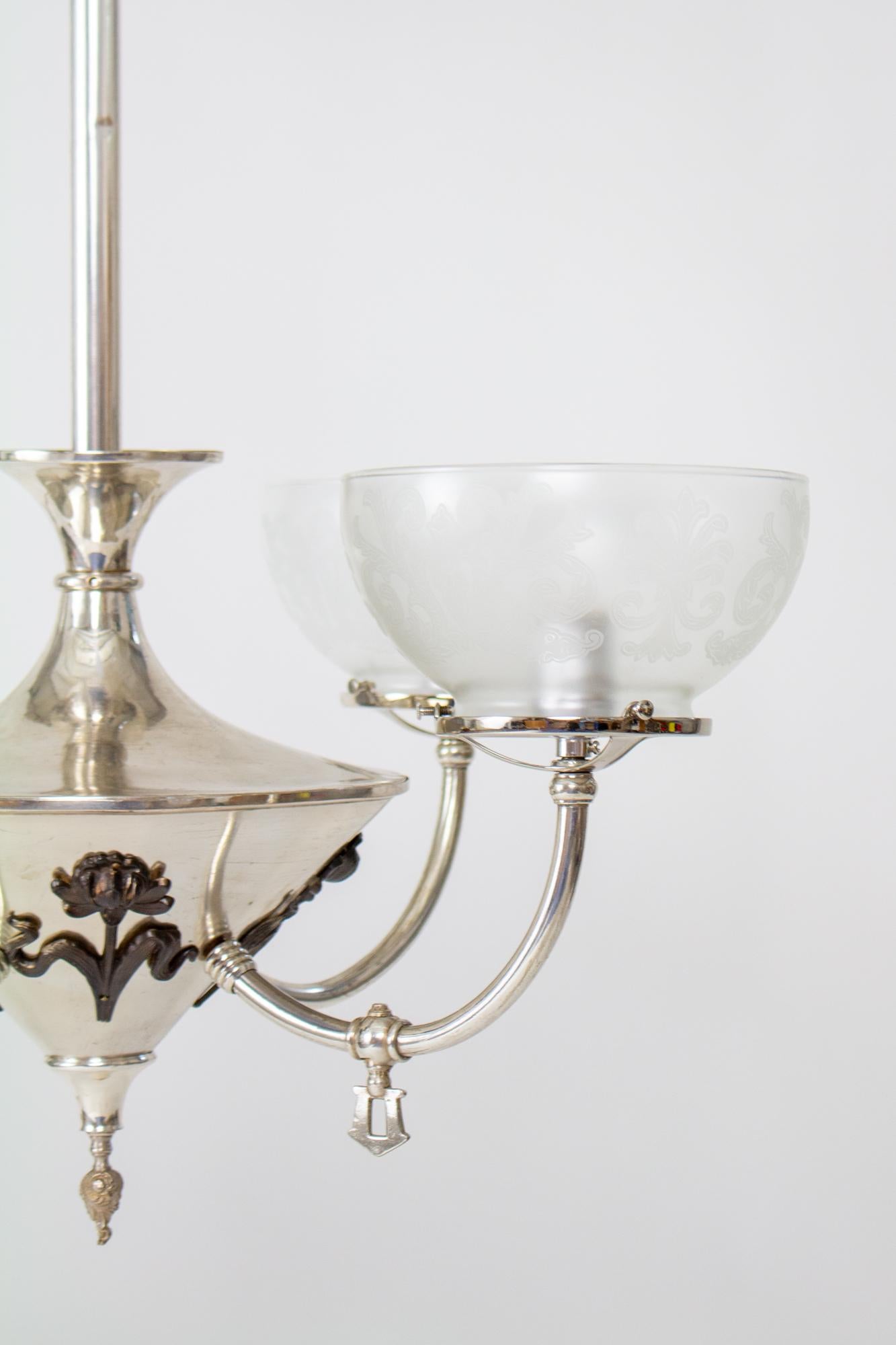 Four Light Silver Art Nouveau Gas and Electric Chandelier In Good Condition For Sale In Canton, MA