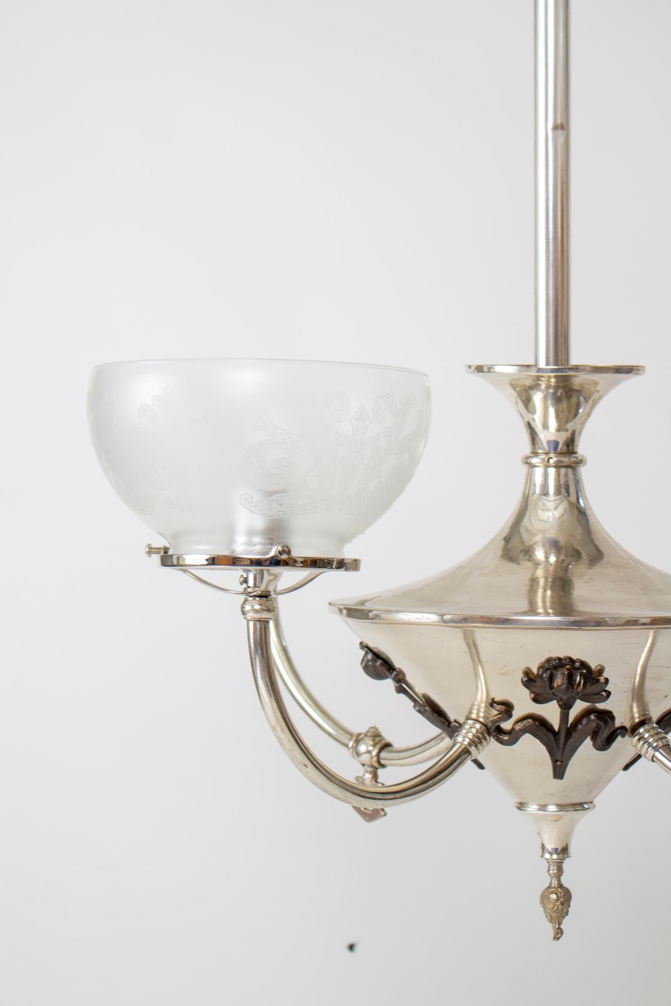 Early 20th Century Four Light Silver Art Nouveau Gas and Electric Chandelier For Sale