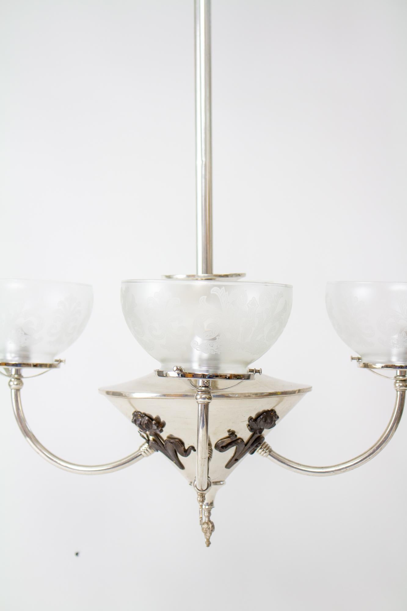 Glass Four Light Silver Art Nouveau Gas and Electric Chandelier For Sale