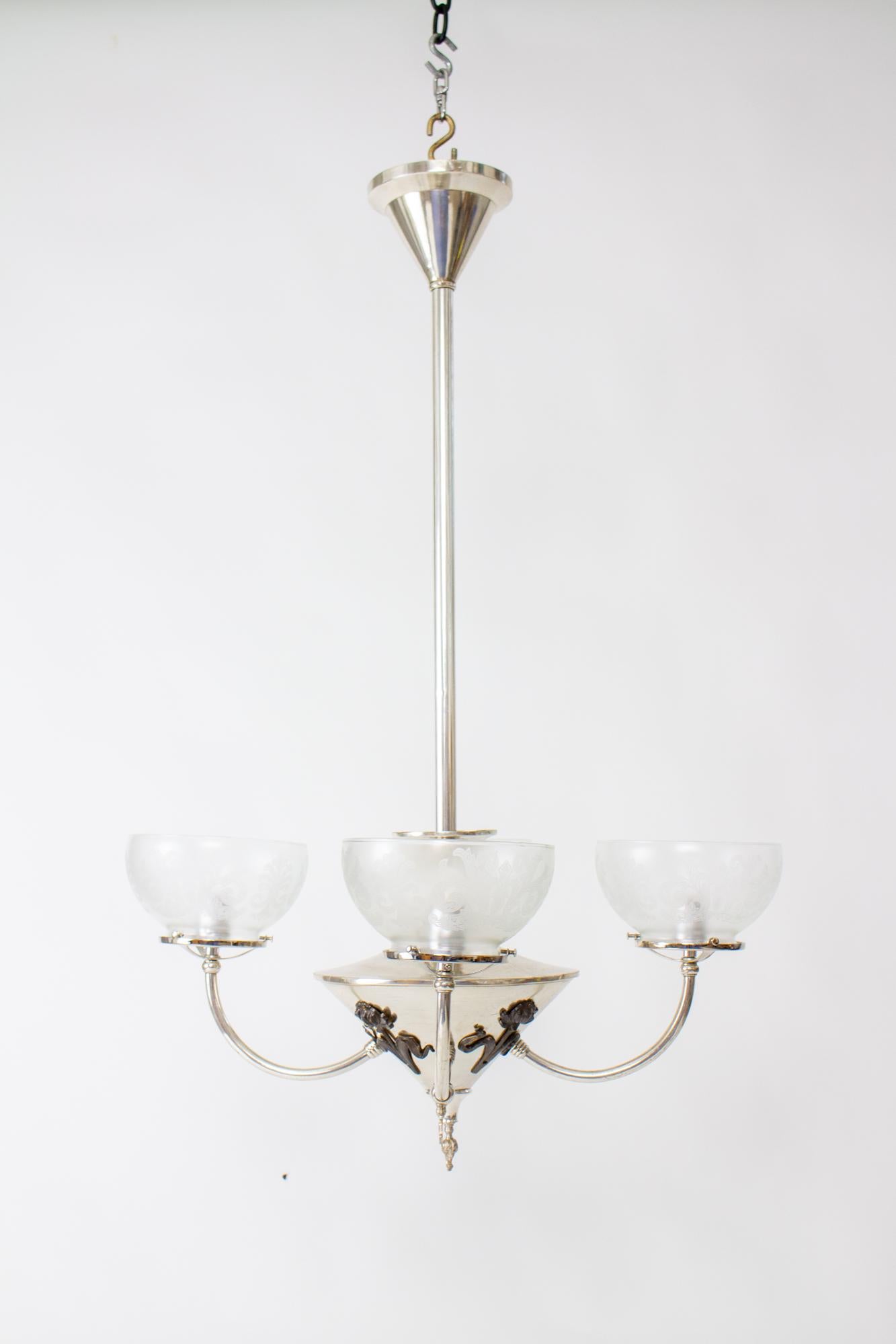 Four Light Silver Art Nouveau Gas and Electric Chandelier For Sale 1