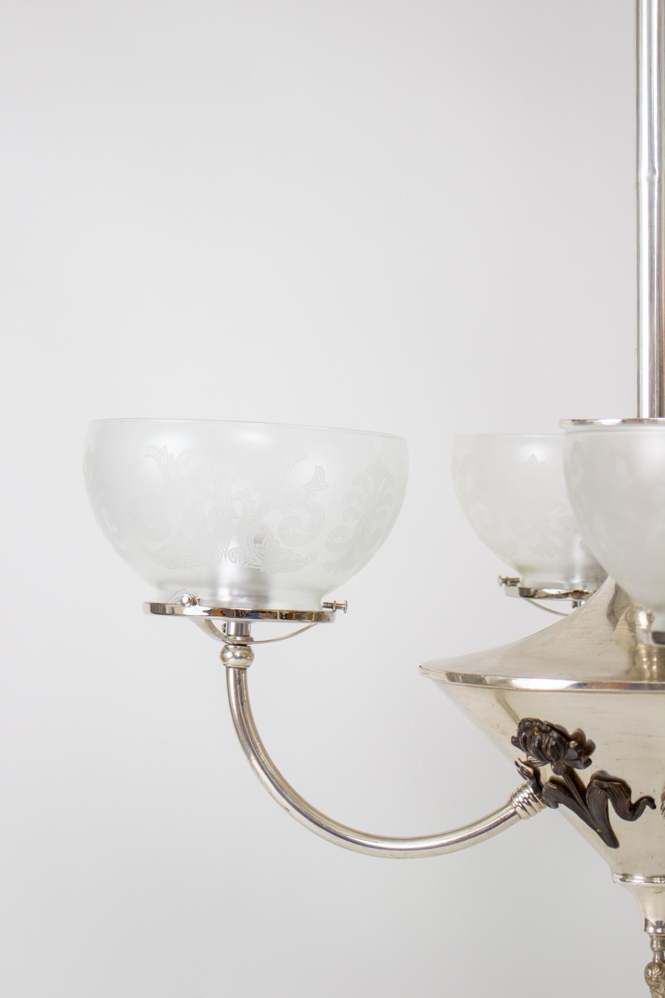Four Light Silver Art Nouveau Gas and Electric Chandelier For Sale 2