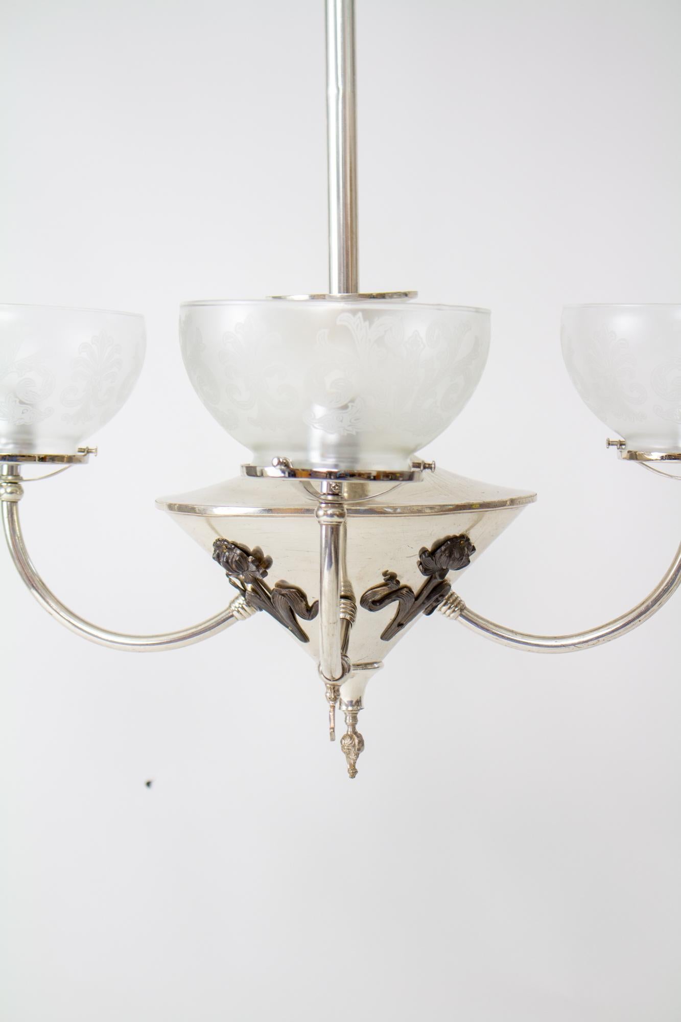 Four Light Silver Art Nouveau Gas and Electric Chandelier For Sale 3