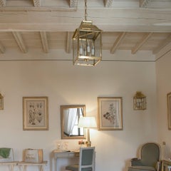 Four Lights English Lantern with Natural Brass Structure and Glasses
