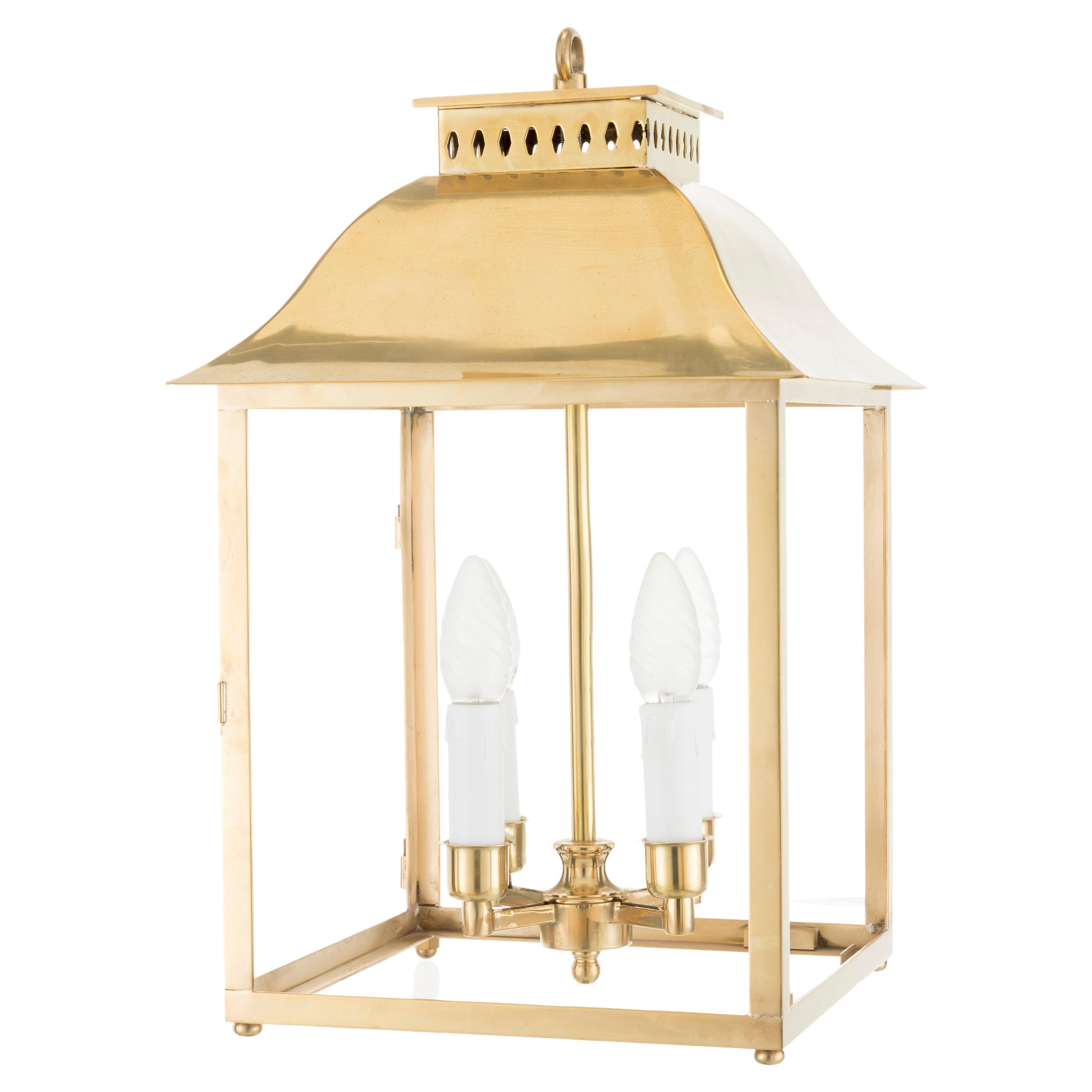 Four Lights English Lantern with Natural Brass Structure and Glasses For Sale