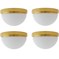 One of Four Limburg Flushmount or Wall Lights, Brass White Milk Glass, 1970s