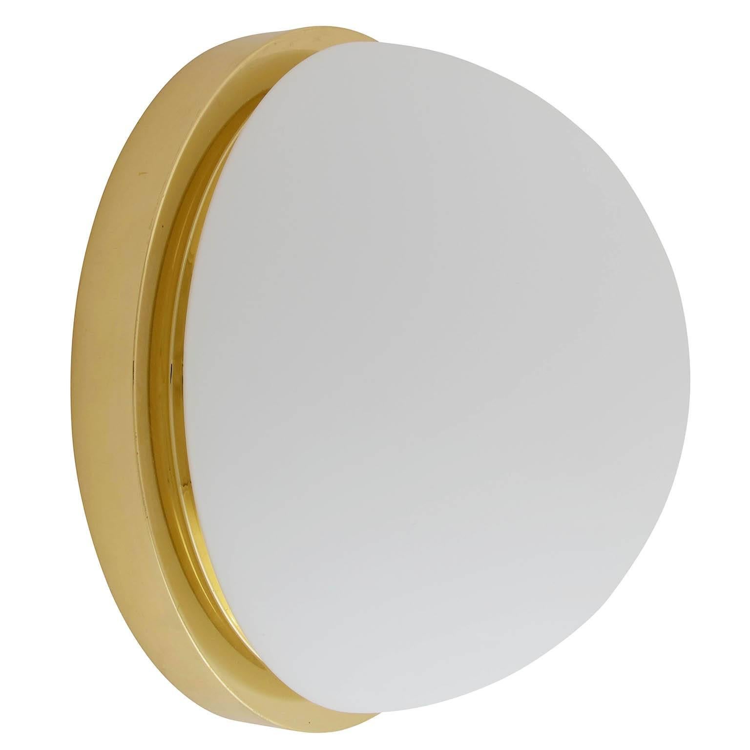 Late 20th Century One of Four Limburg Flushmount or Wall Lights, Brass White Milk Glass, 1970s For Sale