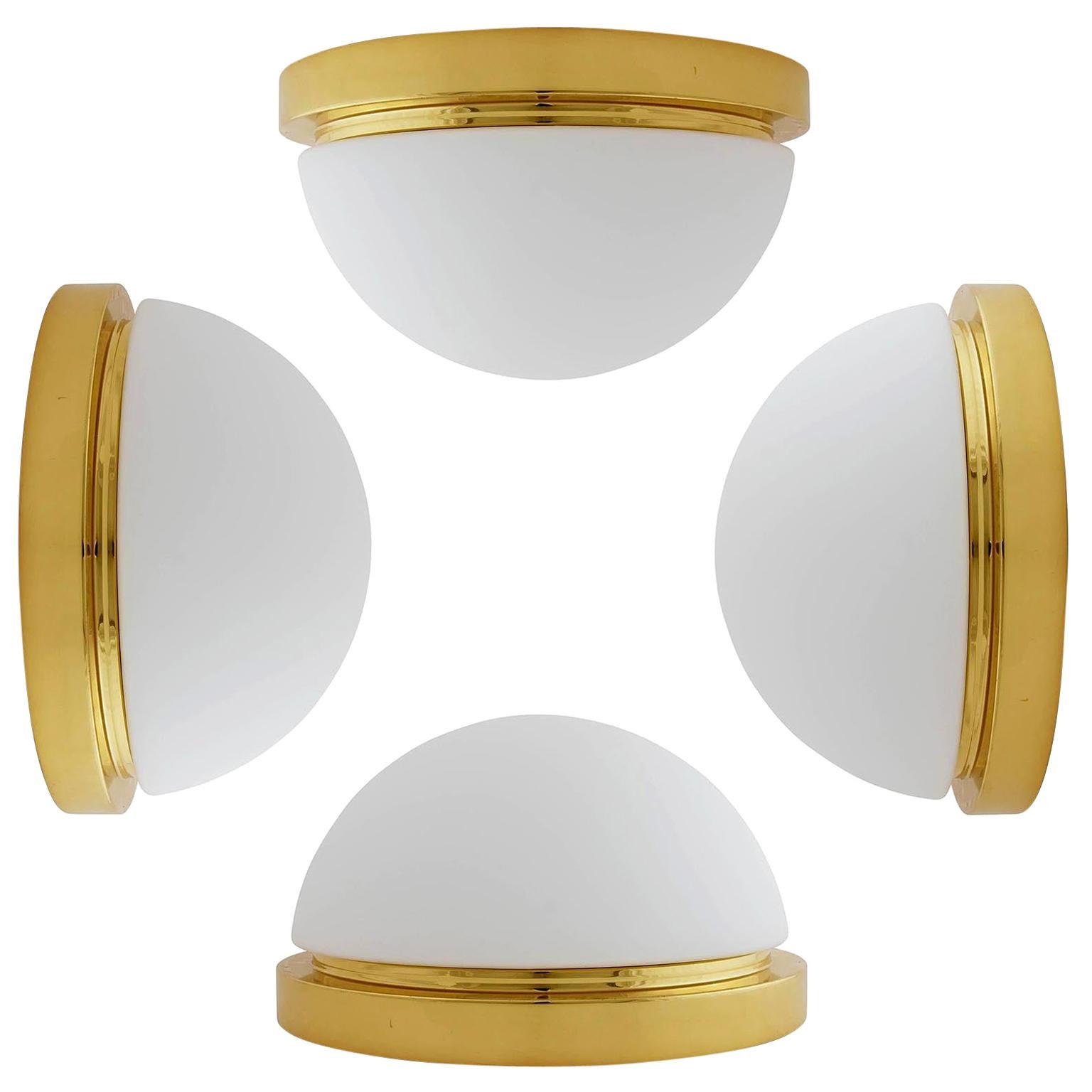 One of Four Limburg Flushmount or Wall Lights, Brass White Milk Glass, 1970s For Sale