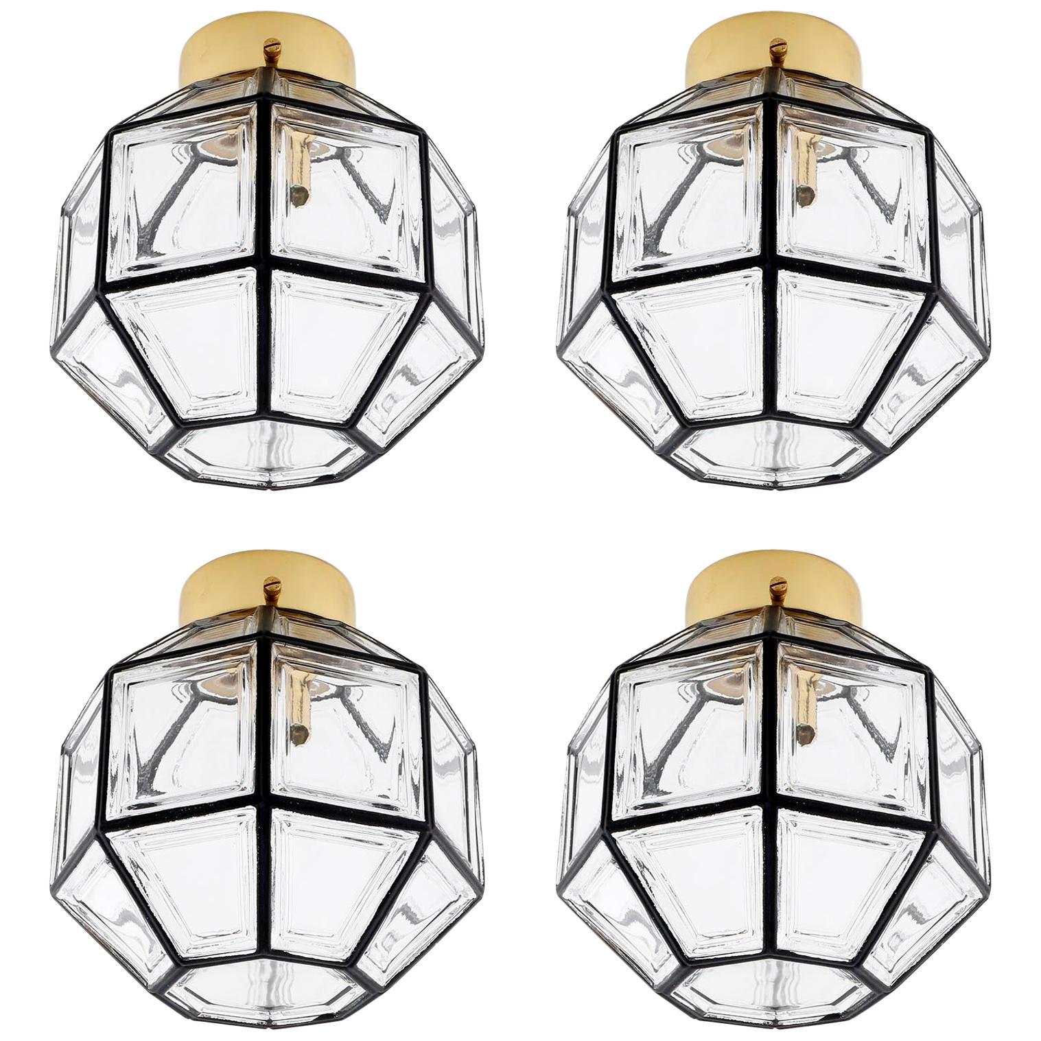Three Limburg Flushmount Light Fixtures or Sconces, Brass Iron Glass, 1970
