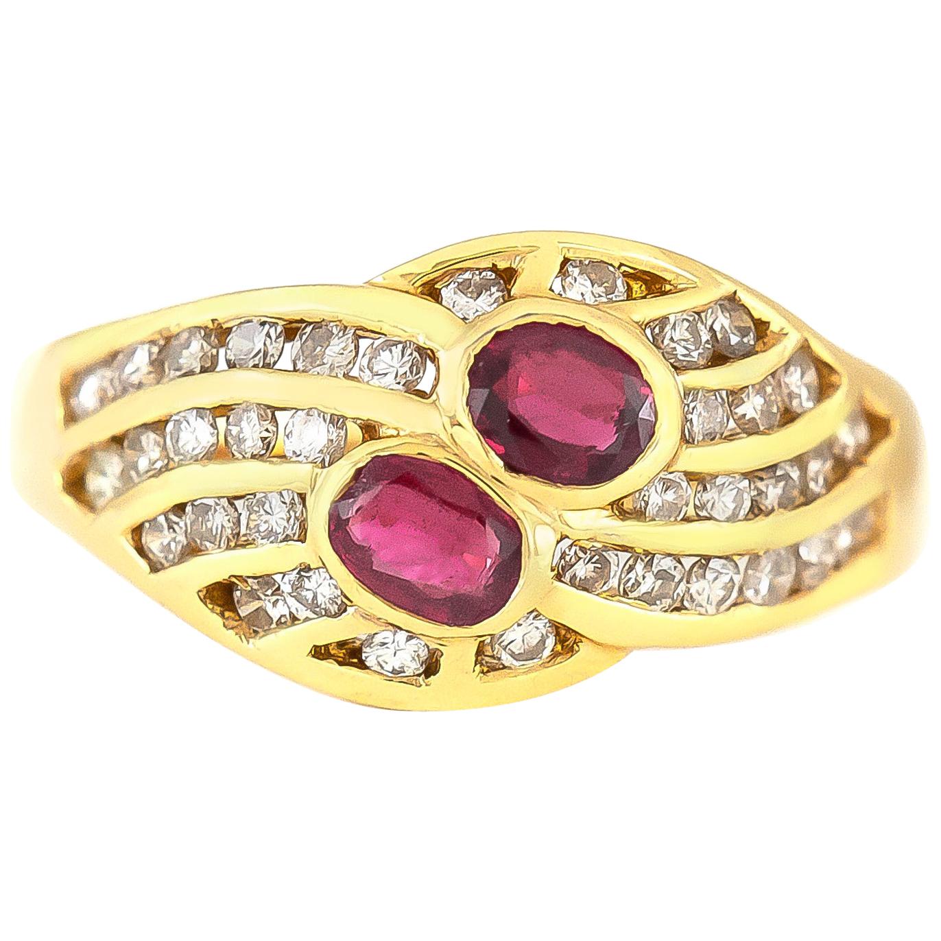 Four Lines of Diamonds with Two Rubies on 18 Karat Ring For Sale
