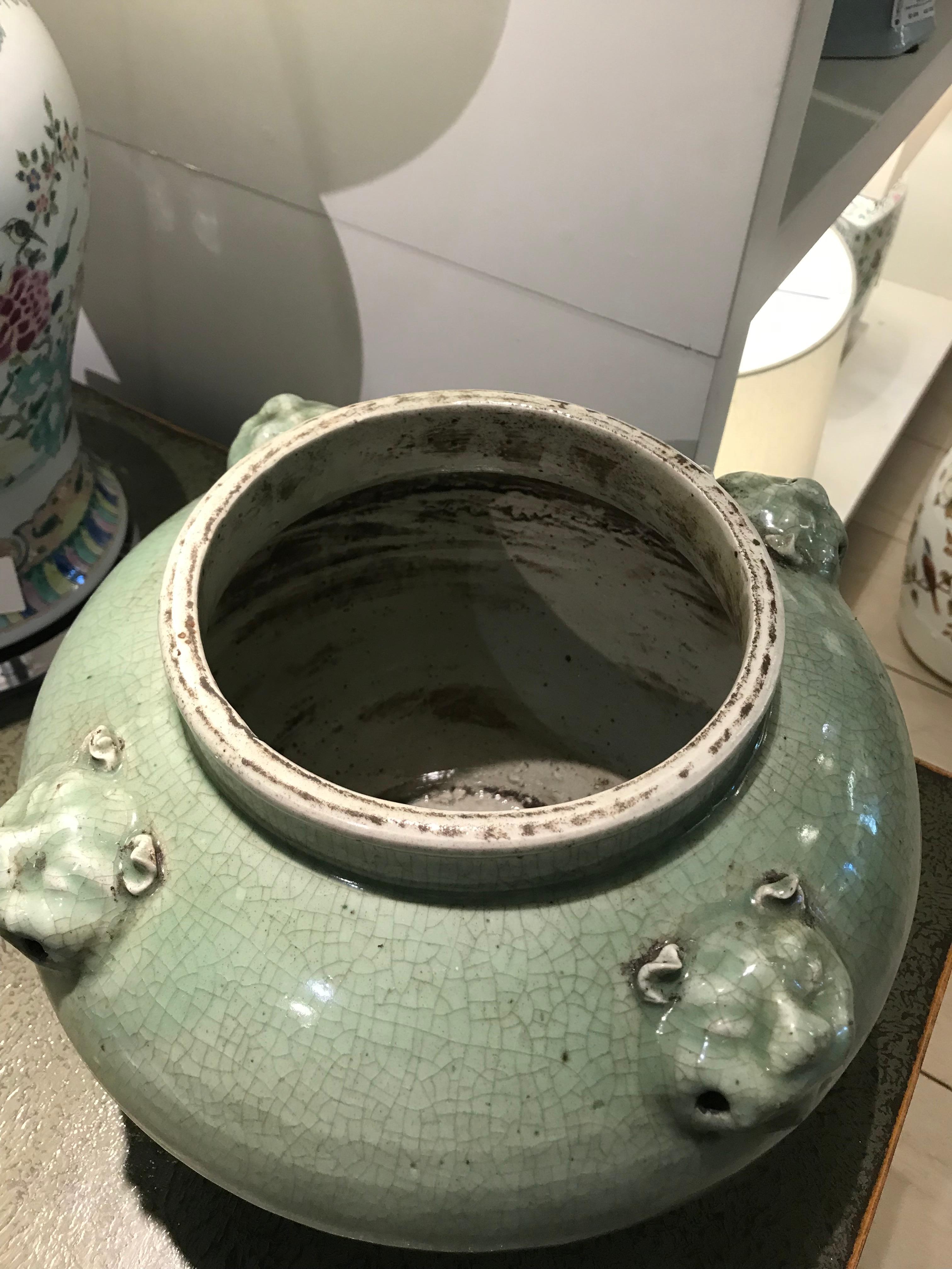 Chinese Four Lion Head Handle Jar Celadon Crackle For Sale