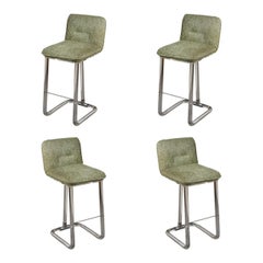 Four Lion in Frost Upholstered Bar Stools with Thick Lucite Bases