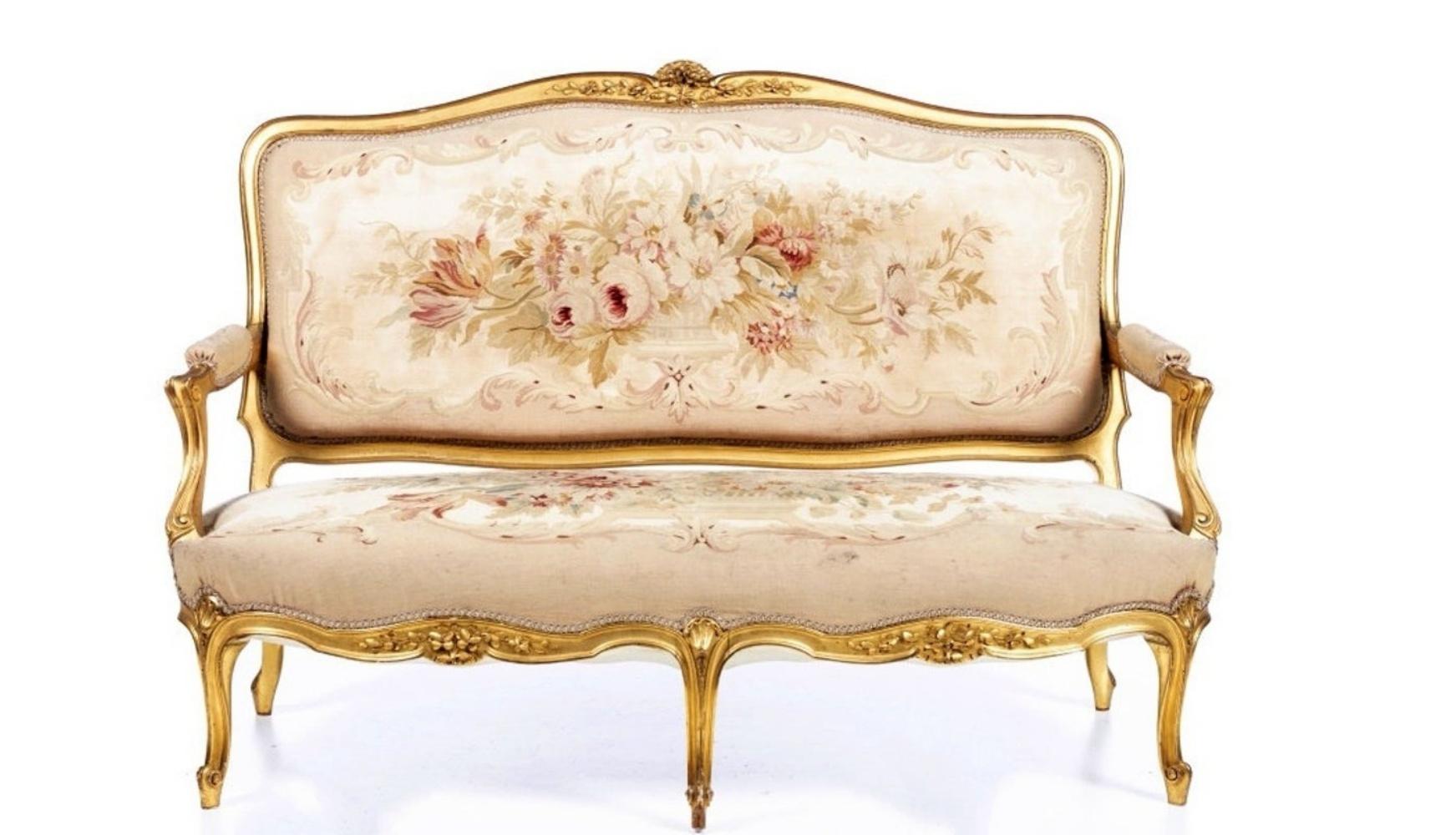 Title: Four Louis XV Armchairs and Sofa
Date/Period: XIX Century
Dimension: (Sofa) 105 x 168 x 78 cm.
Material: Carved and gilded wood
Additional Information: Four Louis XV Armchairs and Sofa. French, XIXth Century. In carved and gilded wood,