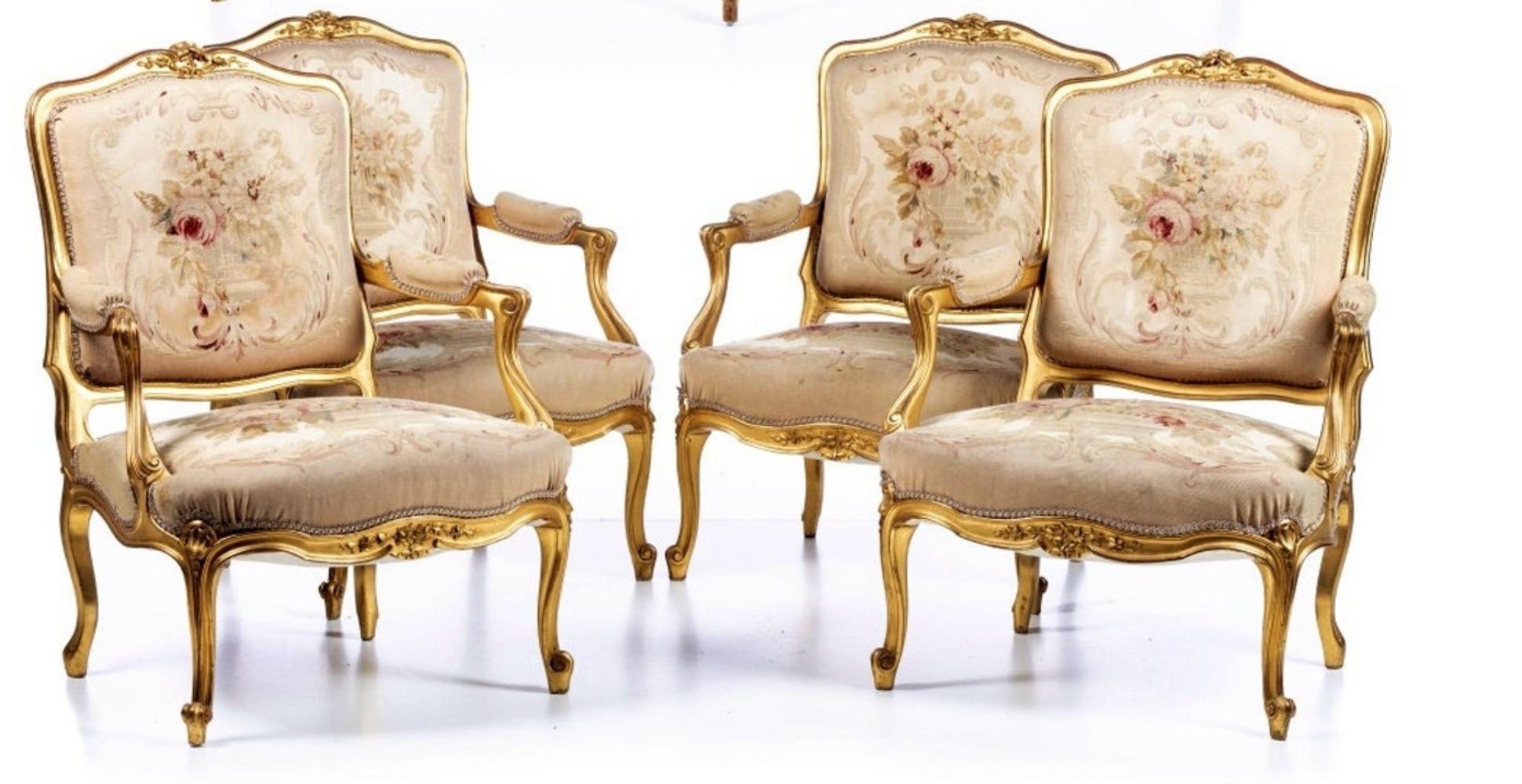 Rococo Four Louis XV Armchairs and Sofa 19th Century Aubusson Tapestry