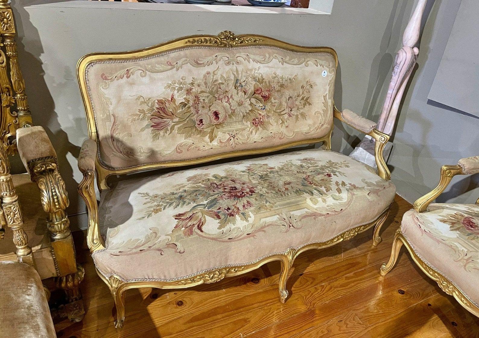 French Four Louis XV Armchairs and Sofa 19th Century Aubusson Tapestry