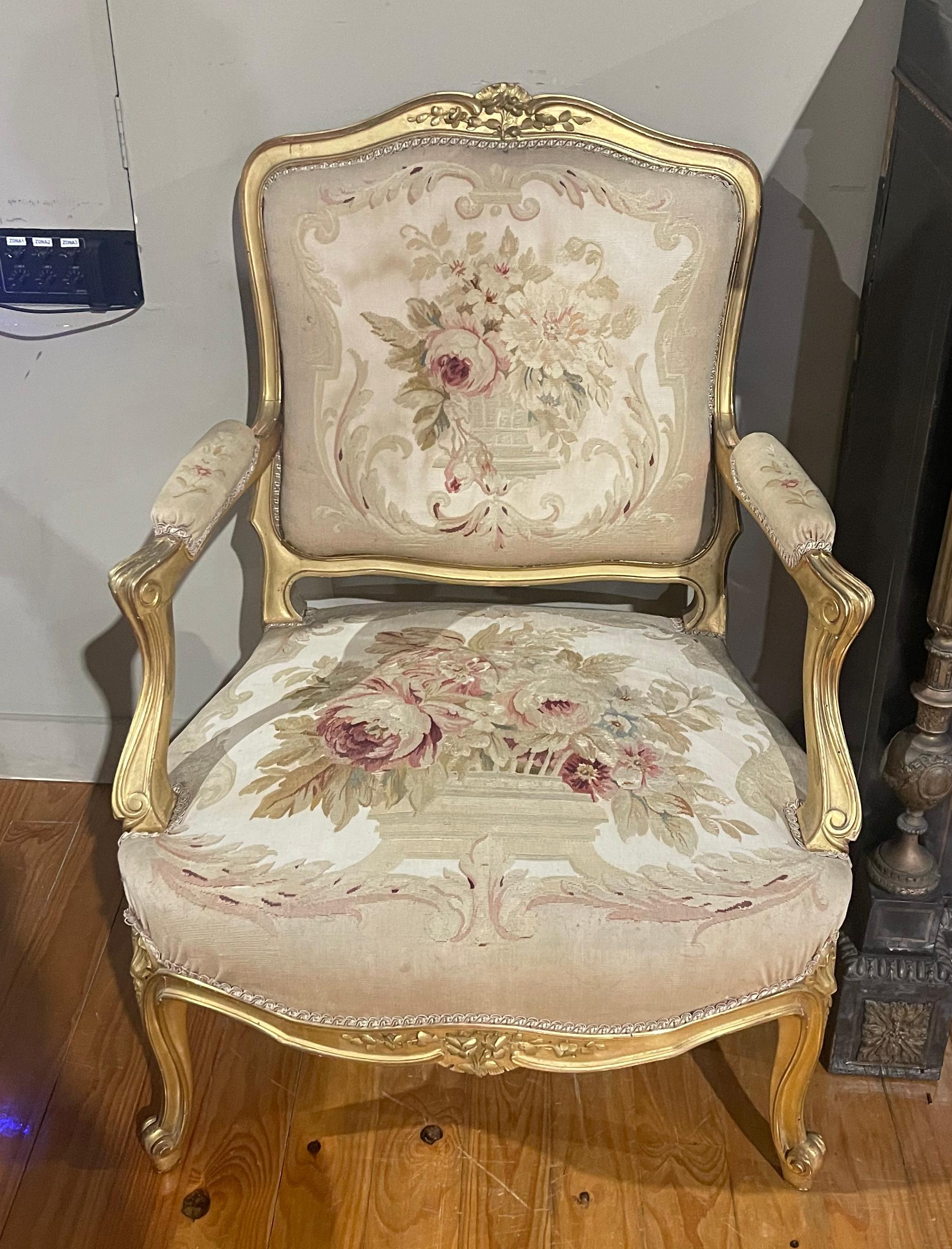 Wool Four Louis XV Armchairs and Sofa 19th Century Aubusson Tapestry