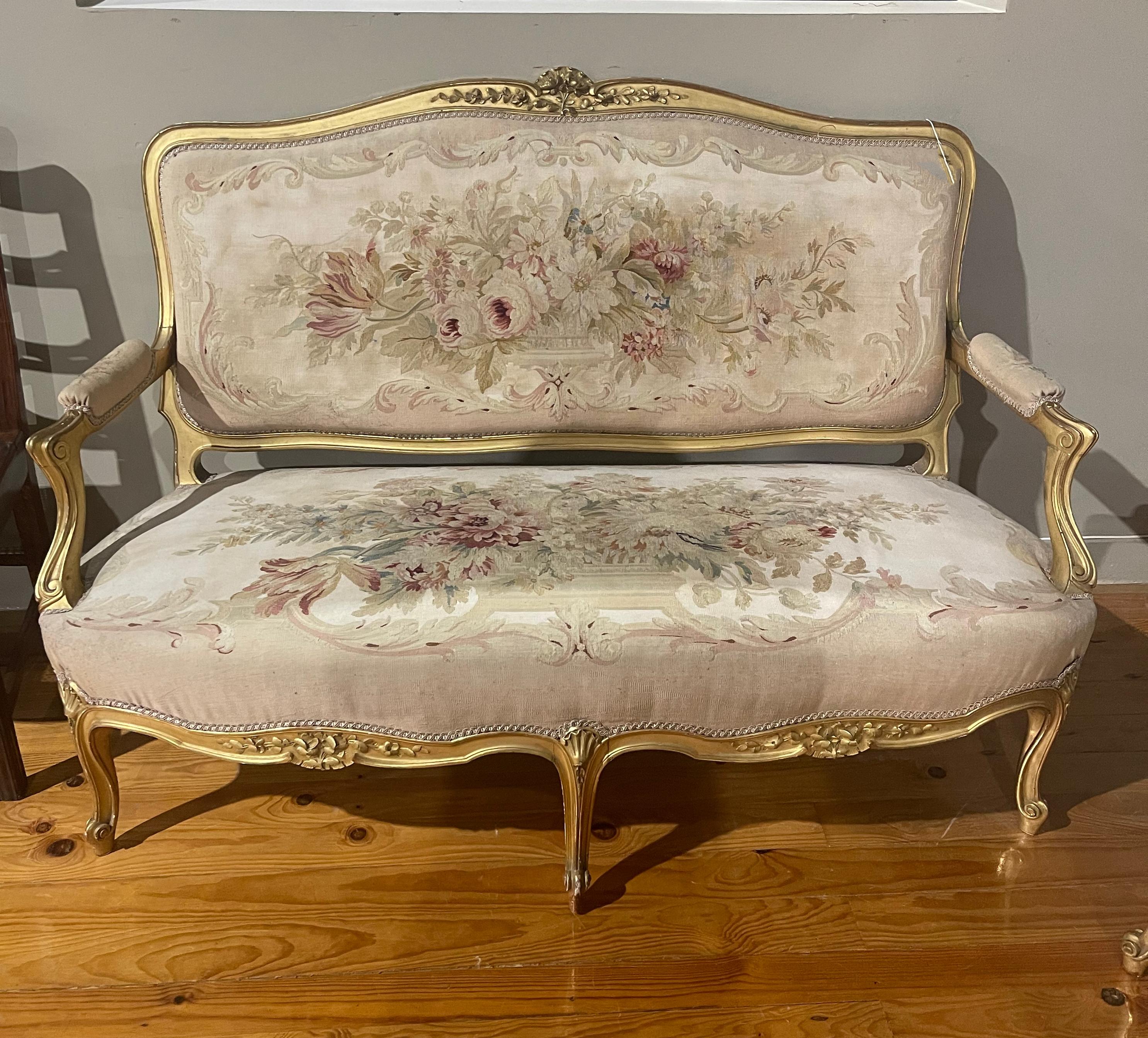 Four Louis XV Armchairs and Sofa 19th Century Aubusson Tapestry 1